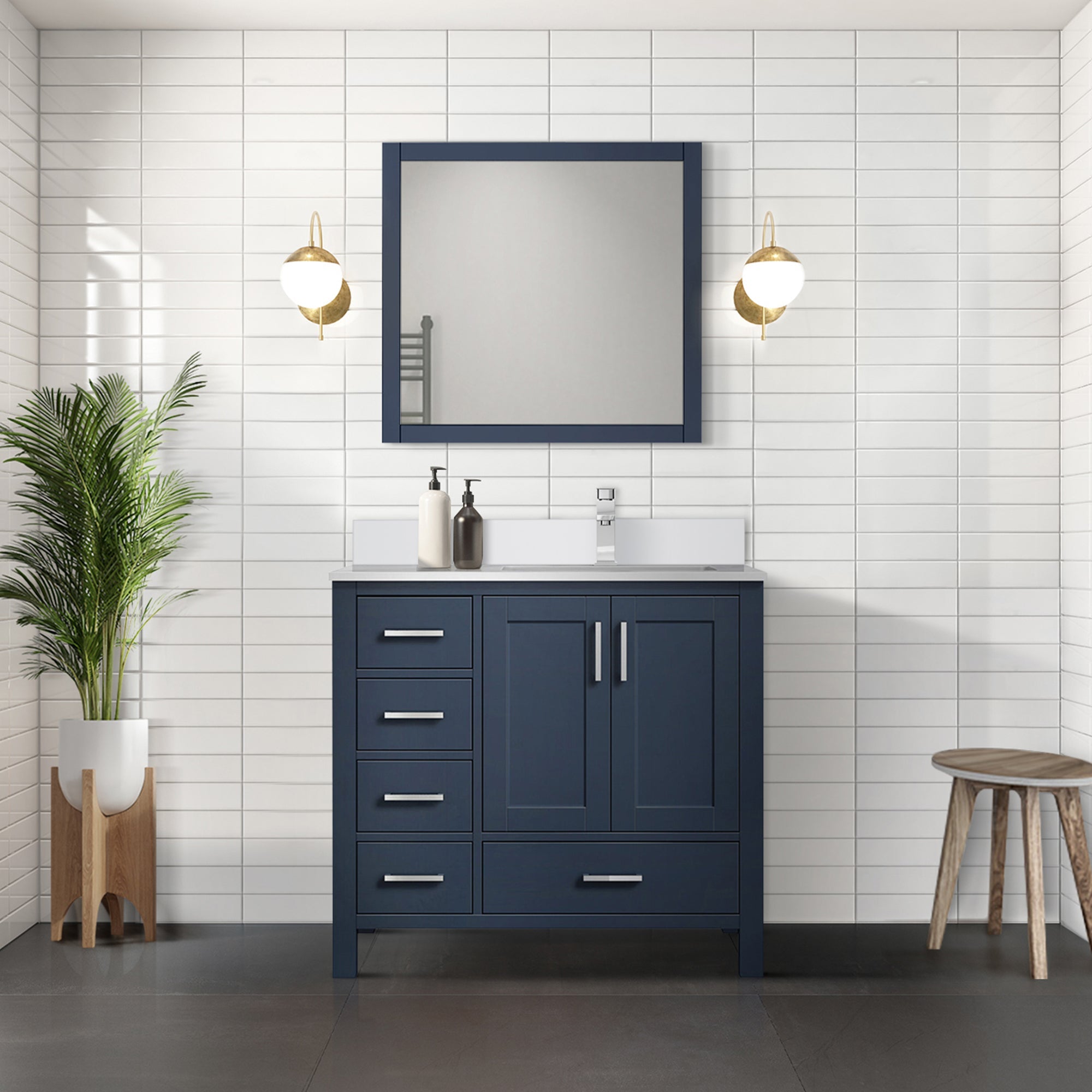 Jacques 36" Navy Blue Single Vanity, White Quartz Top, White Square Sink and 34" Mirror - Right Version
