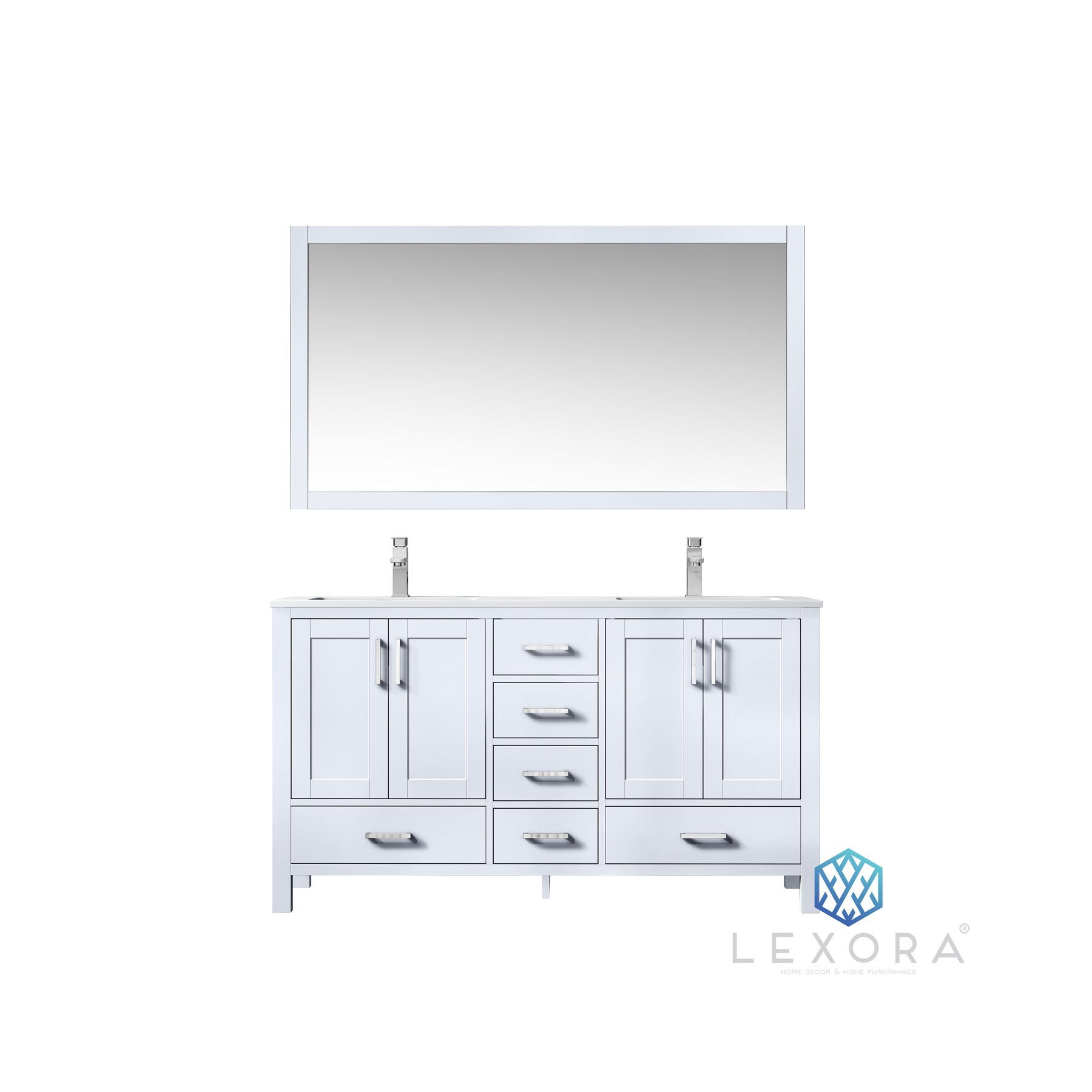 Jacques 60" White Double Vanity, White Carrara Marble Top, White Square Sinks and 58" Mirror