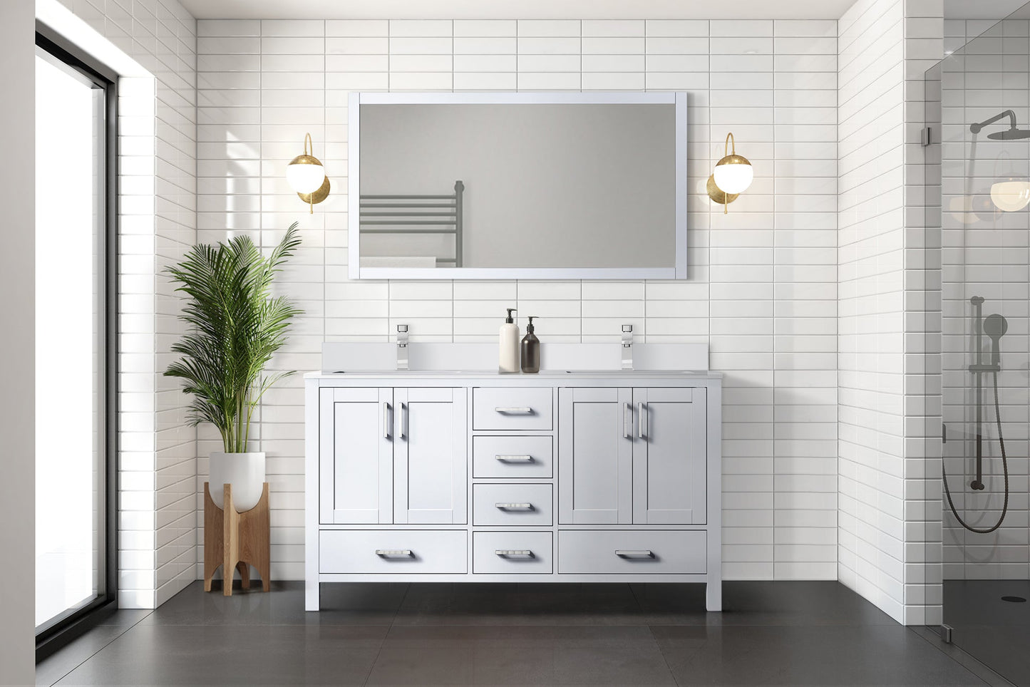 Jacques 60" White Double Vanity, White Quartz Top, White Square Sinks and 58" Mirror