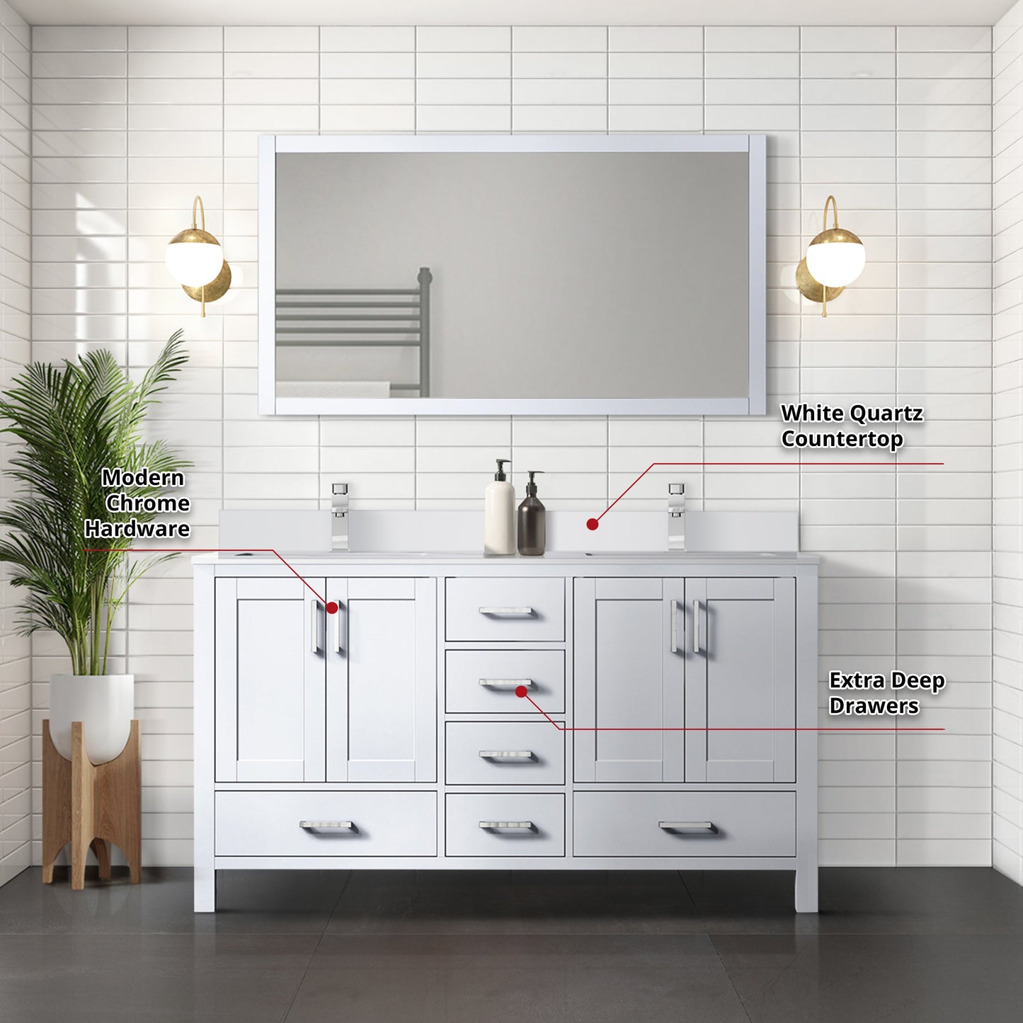 Jacques 60" White Double Vanity, White Quartz Top, White Square Sinks and 58" Mirror w/ Faucets