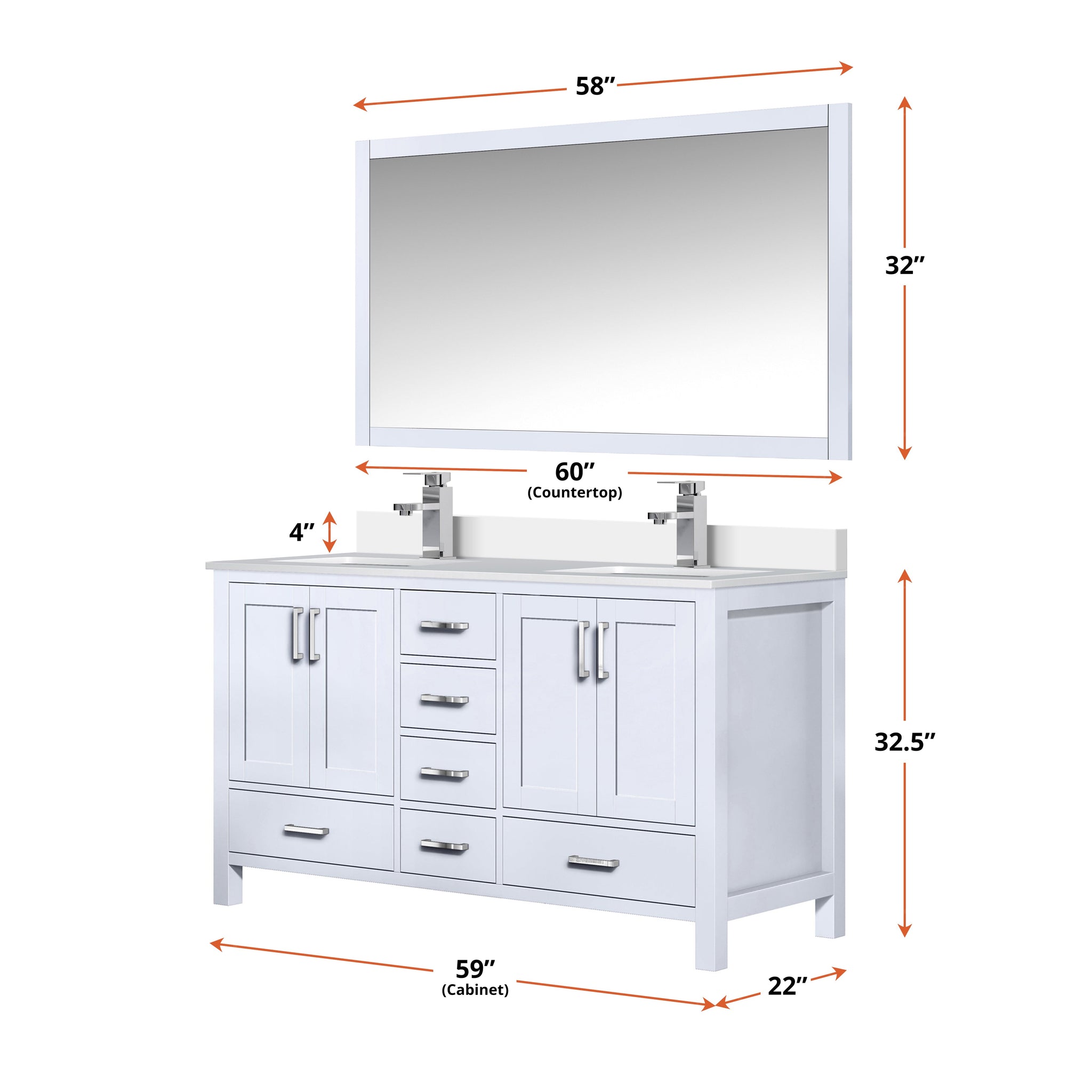 Jacques 60" White Double Vanity, White Quartz Top, White Square Sinks and 58" Mirror