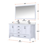 Jacques 60" White Double Vanity, White Quartz Top, White Square Sinks and 58" Mirror w/ Faucets