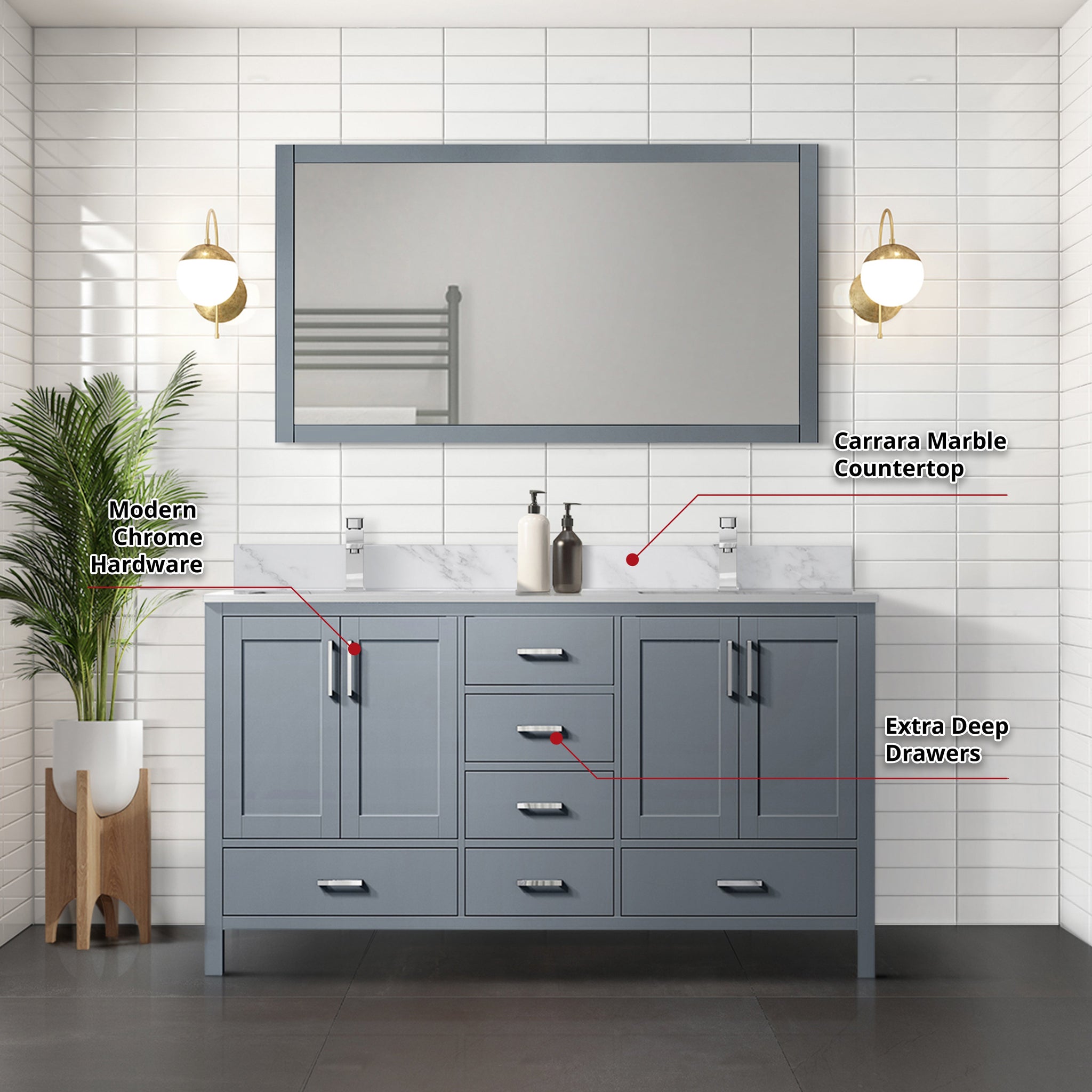 Jacques 60 in. Freestanding Bathroom Vanity with White Carrara Marble Top, White Square Sink