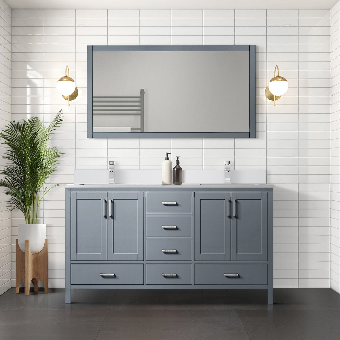 Jacques 72" Dark Grey Double Vanity, White Quartz Top, White Square Sinks and 70" Mirror w/ Faucets