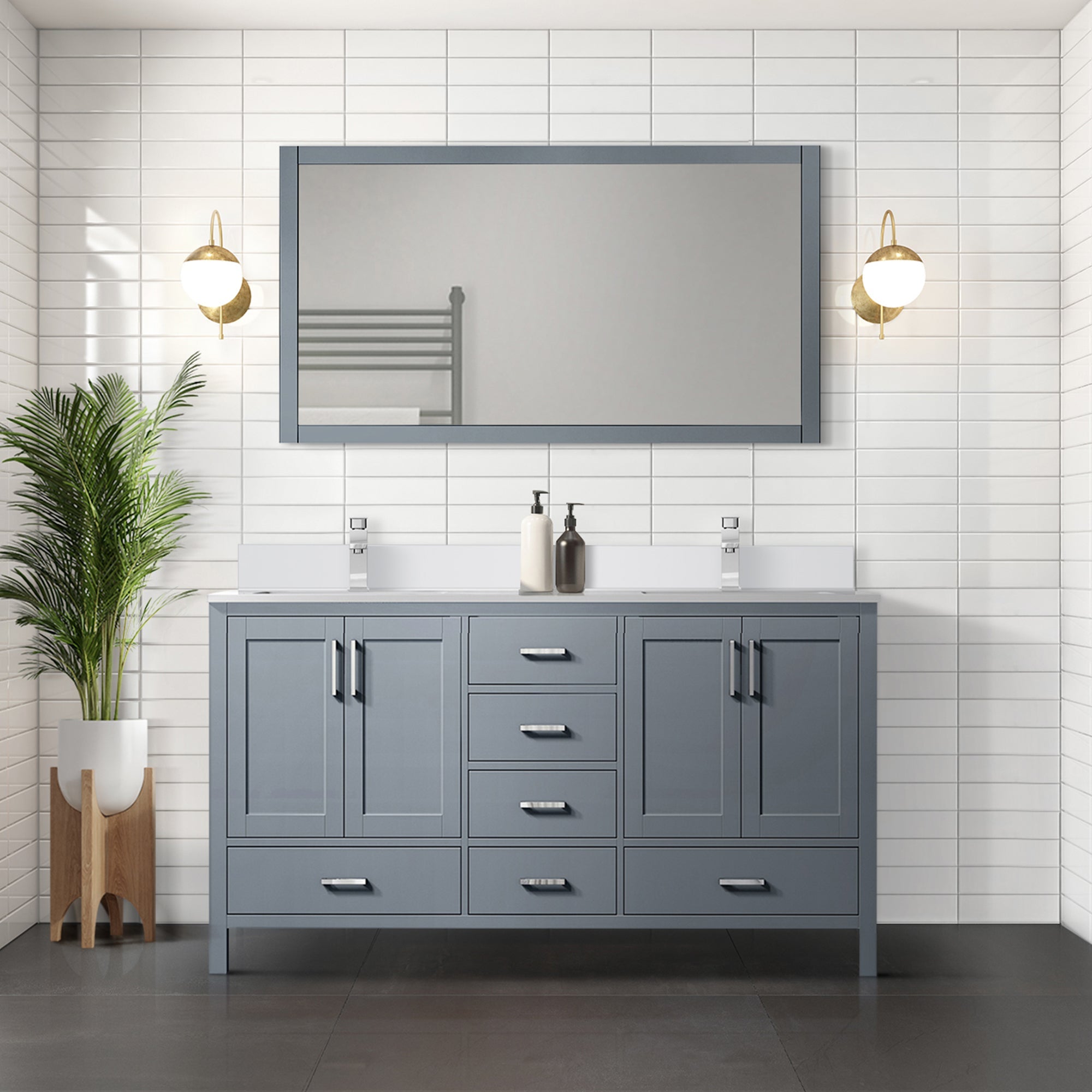 Jacques 72" Dark Grey Double Vanity, White Quartz Top, White Square Sinks and 70" Mirror w/ Faucets