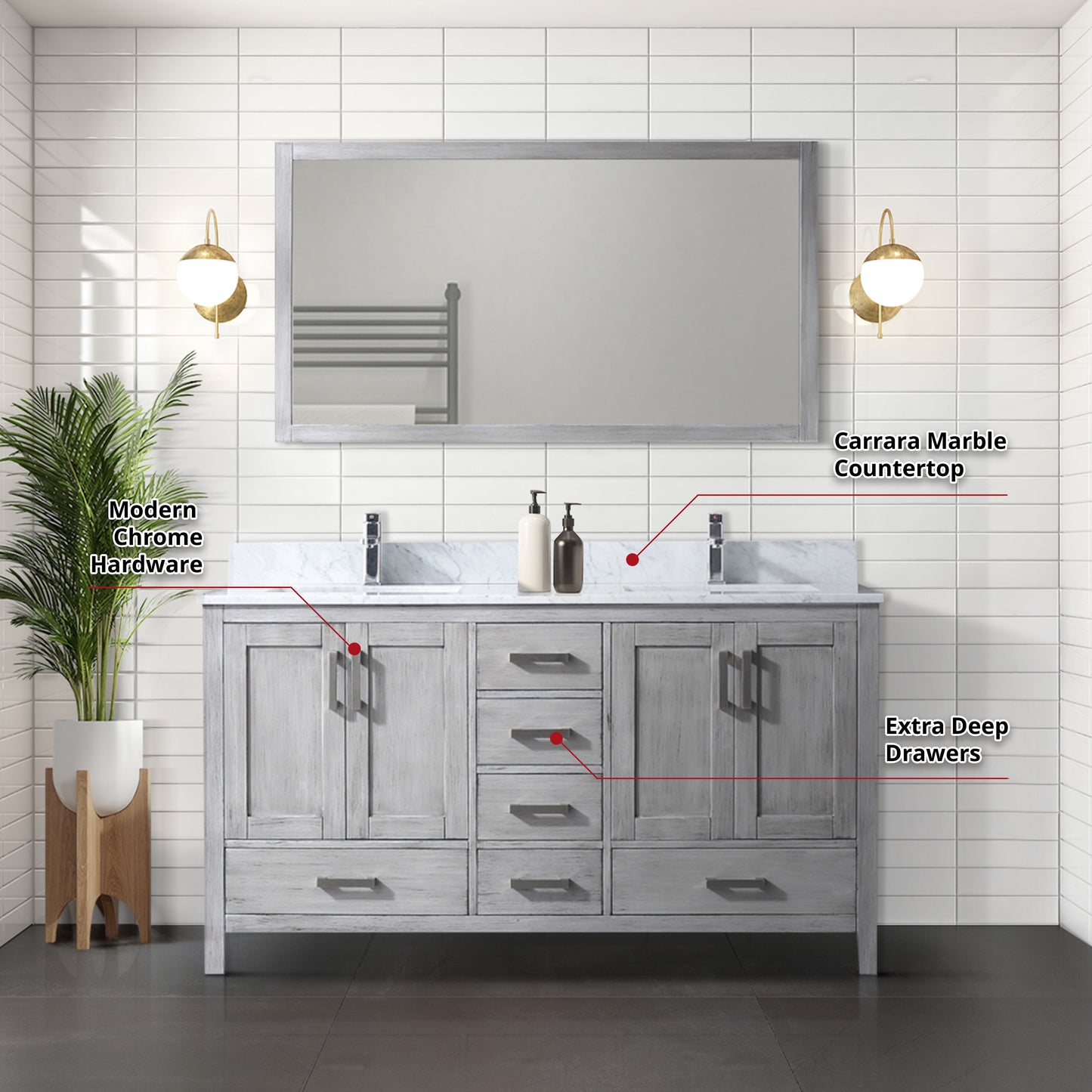 Jacques 60 in. Freestanding Bathroom Vanity with White Carrara Marble Top, White Square Sink