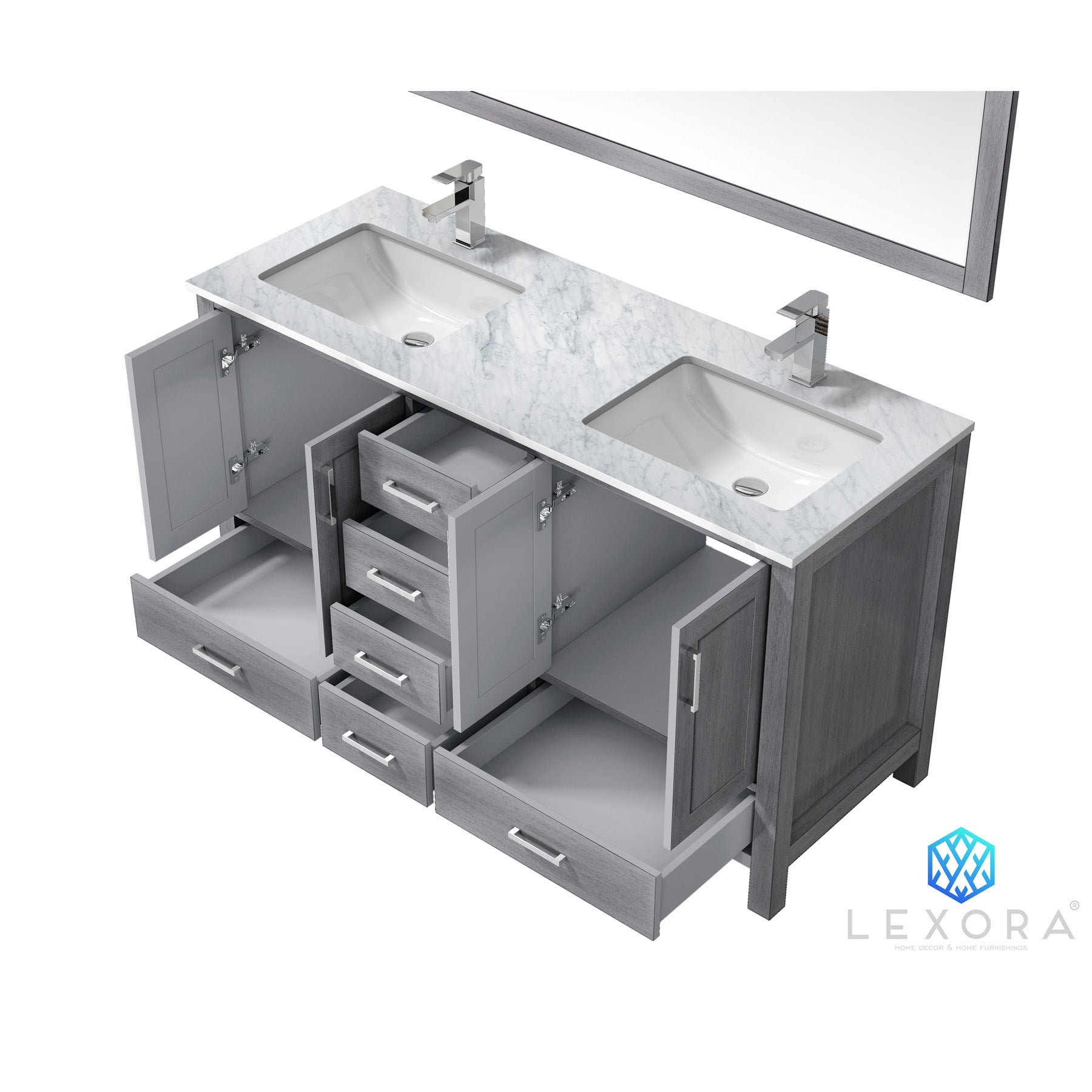 Jacques 60" Distressed Grey Double Vanity, White Carrara Marble Top, White Square Sinks and 58" Mirror