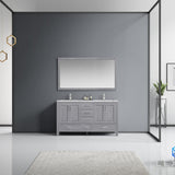 Jacques 60" Distressed Grey Double Vanity, White Carrara Marble Top, White Square Sinks and 58" Mirror