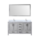 Jacques 60" Distressed Grey Double Vanity, White Quartz Top, White Square Sinks and 58" Mirror w/ Faucets