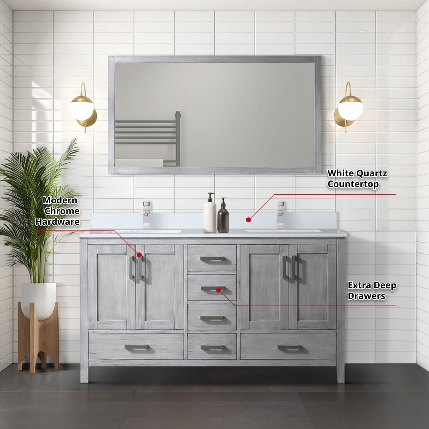 Jacques 72 in. Freestanding Bathroom Vanity with White Quartz Top, White Square Sink