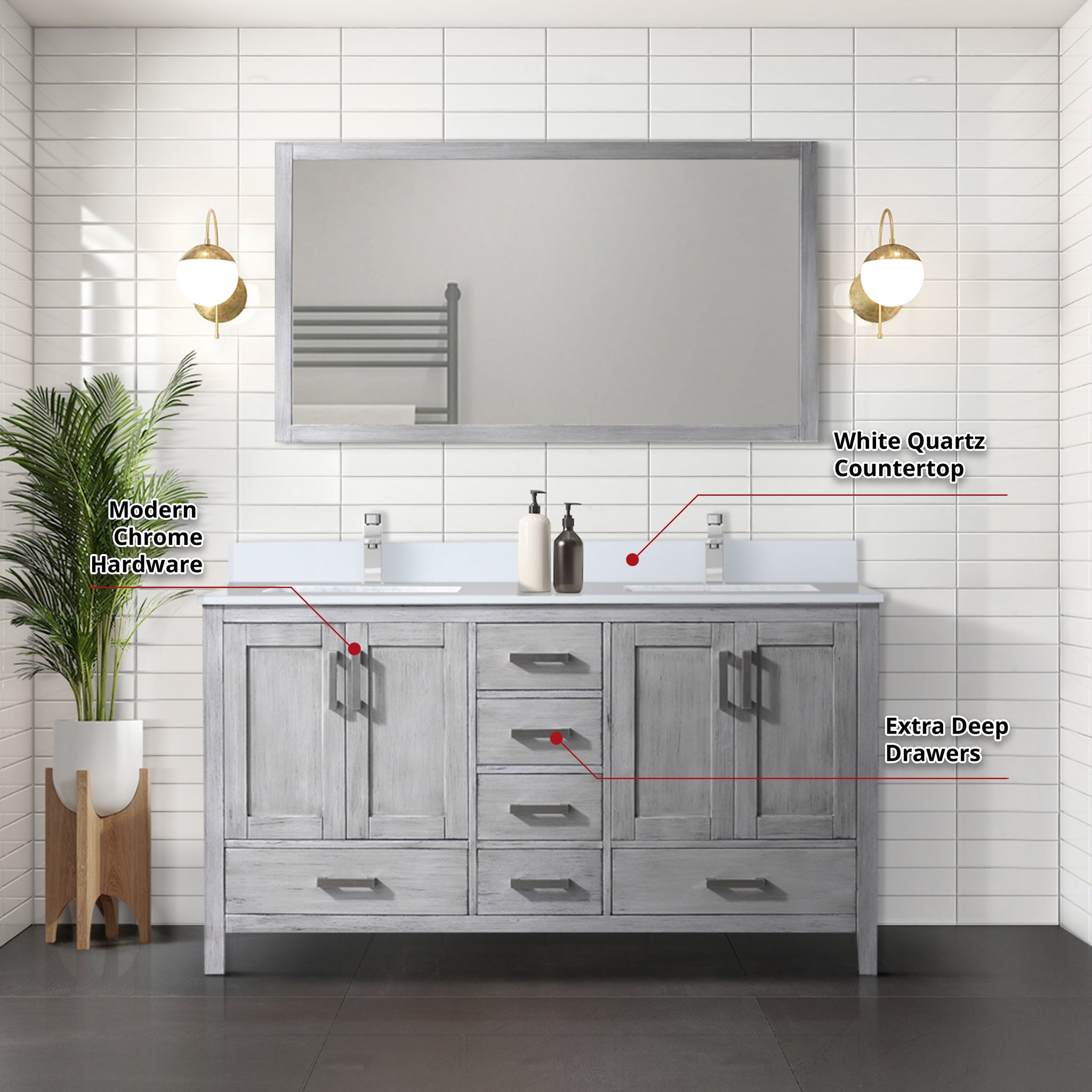 Jacques 72 in. Freestanding Bathroom Vanity with White Quartz Top, White Square Sink