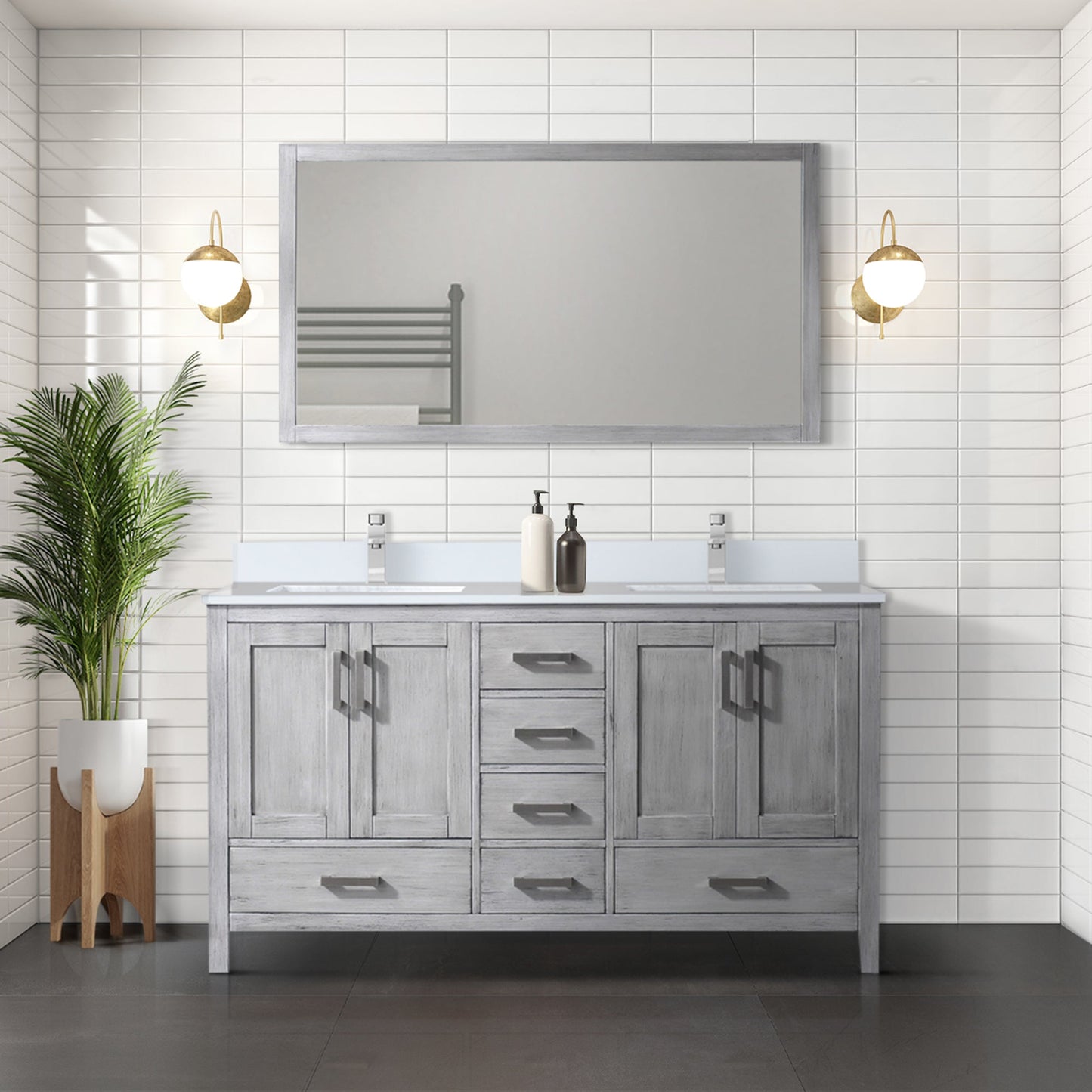 Jacques 60" Distressed Grey Double Vanity, White Quartz Top, White Square Sinks and 58" Mirror