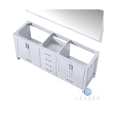 Jacques 72" White Double Vanity, White Carrara Marble Top, White Square Sinks and 70" Mirror w/ Faucets