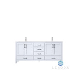 Jacques 72" White Double Vanity, White Carrara Marble Top, White Square Sinks and 70" Mirror w/ Faucets