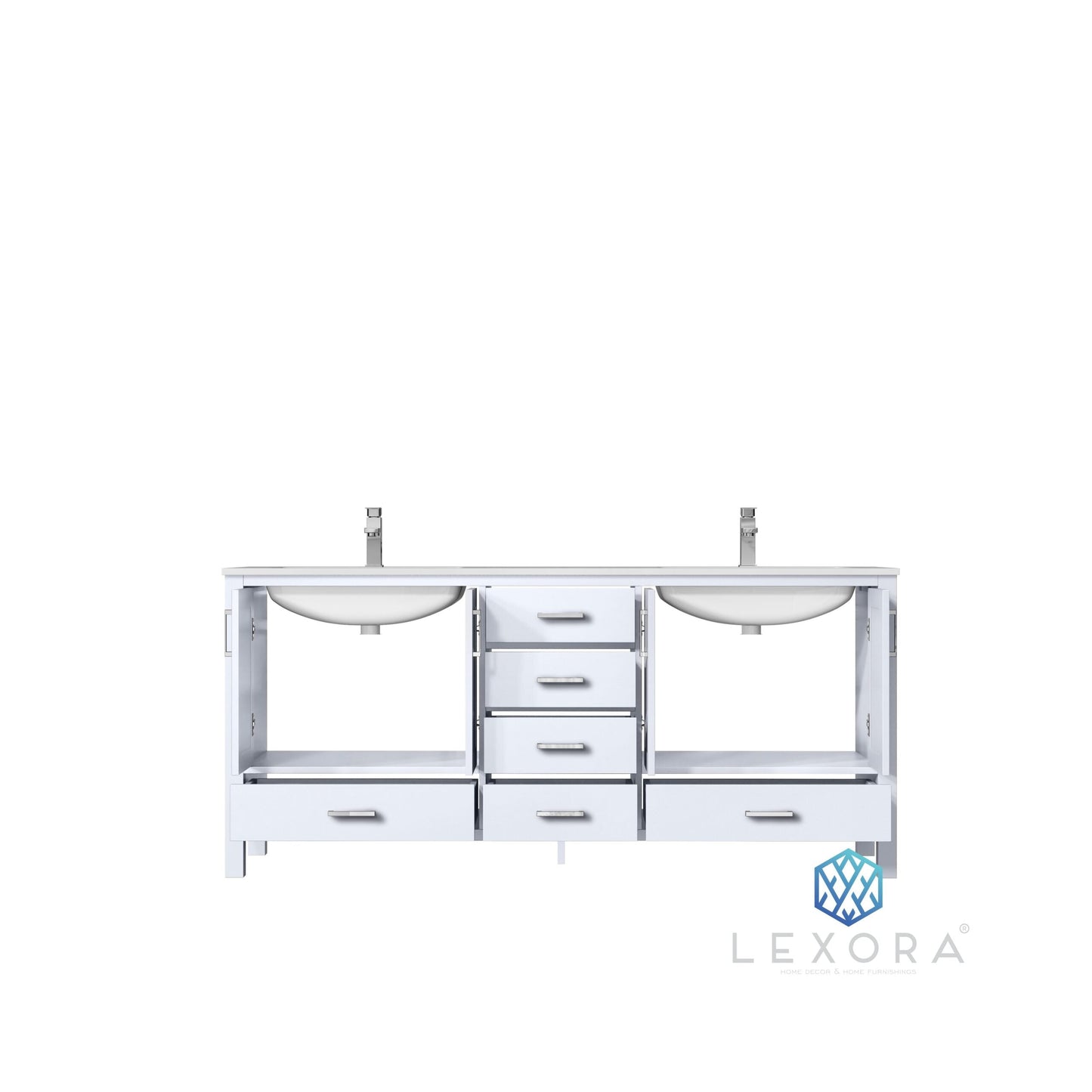 Jacques 72" White Double Vanity, White Carrara Marble Top, White Square Sinks and 70" Mirror w/ Faucets