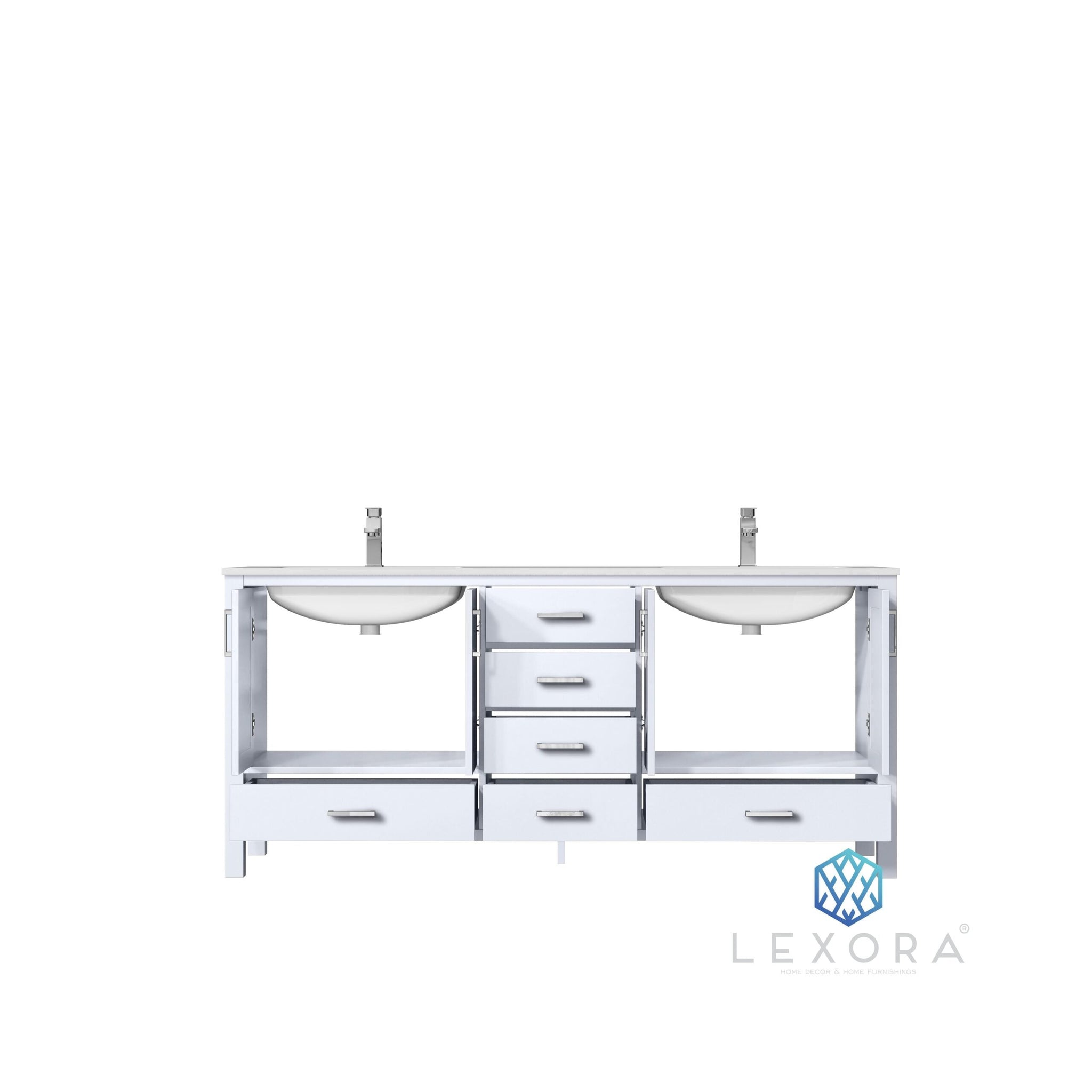 Jacques 72" White Double Vanity, White Carrara Marble Top, White Square Sinks and 70" Mirror w/ Faucets