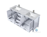 Jacques 72" White Double Vanity, White Carrara Marble Top, White Square Sinks and 70" Mirror w/ Faucets