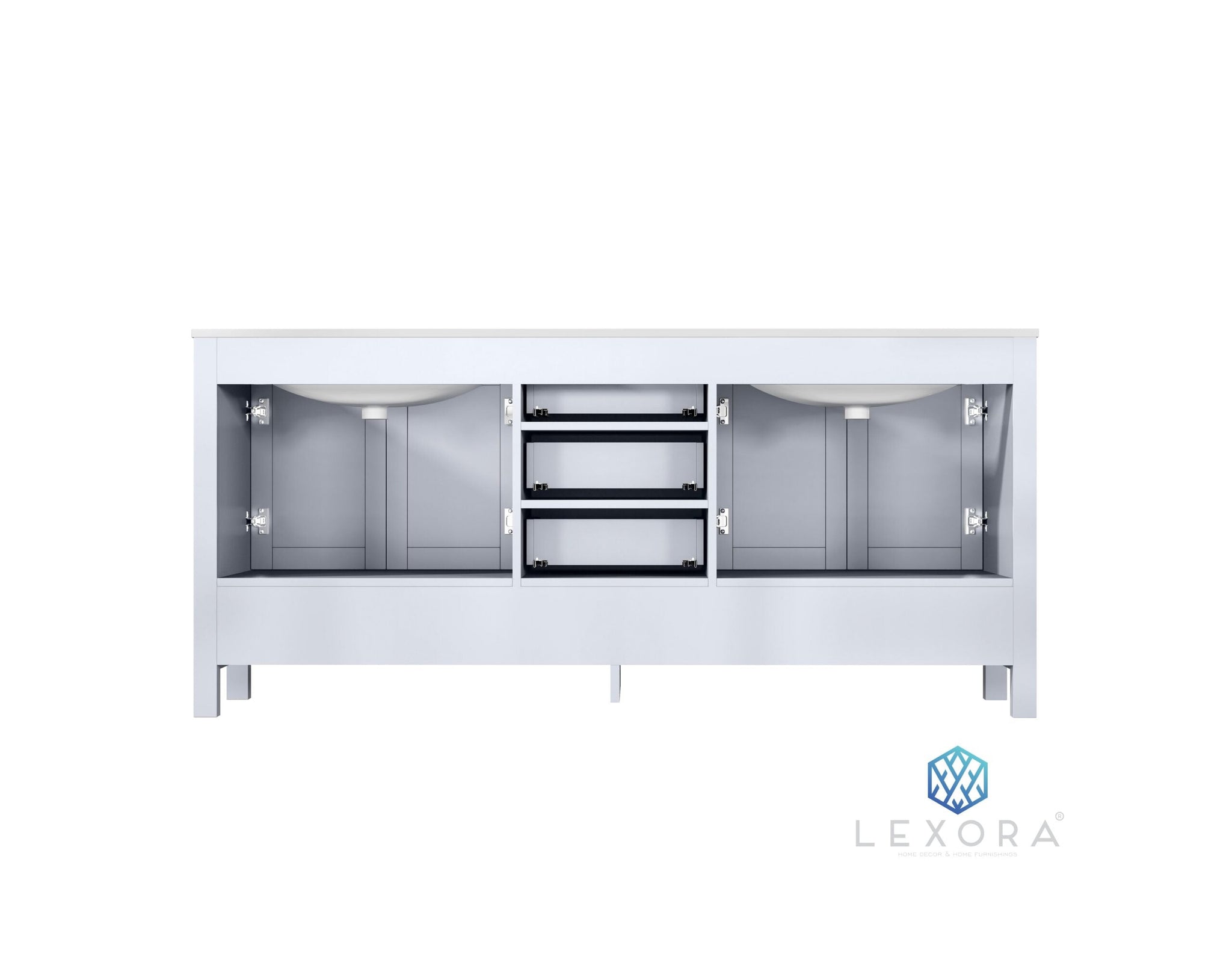 Jacques 72" White Double Vanity, White Carrara Marble Top, White Square Sinks and 70" Mirror w/ Faucets