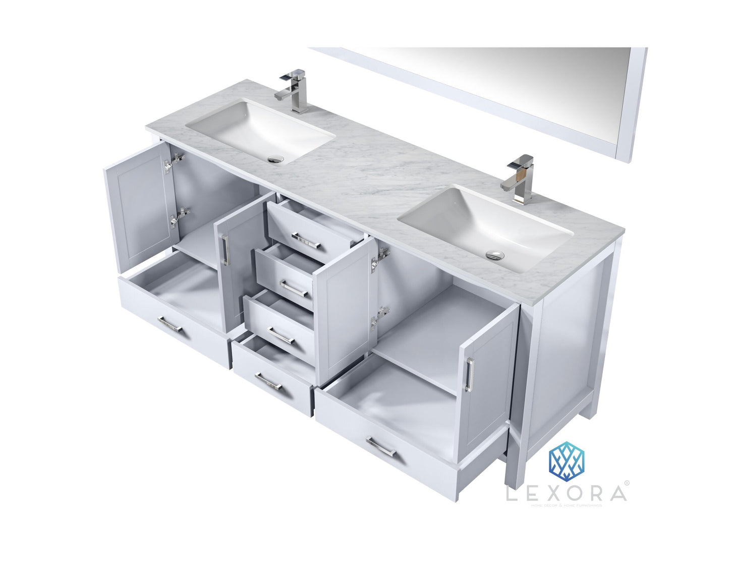 Jacques 72" White Double Vanity, White Carrara Marble Top, White Square Sinks and 70" Mirror w/ Faucets