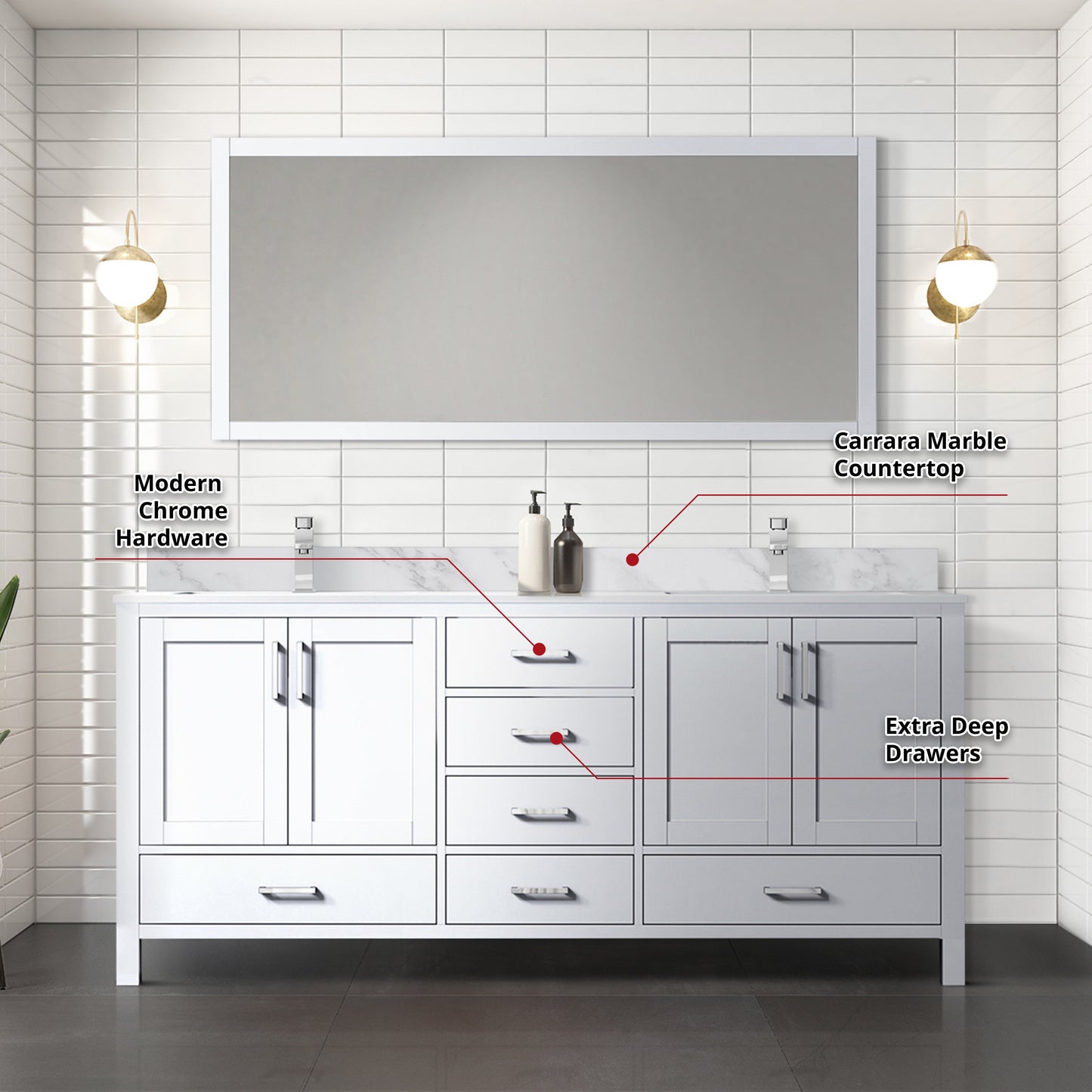 Jacques 72 in. Freestanding Bathroom Vanity With Undermount Ceramic Sink, White Carrara Marble