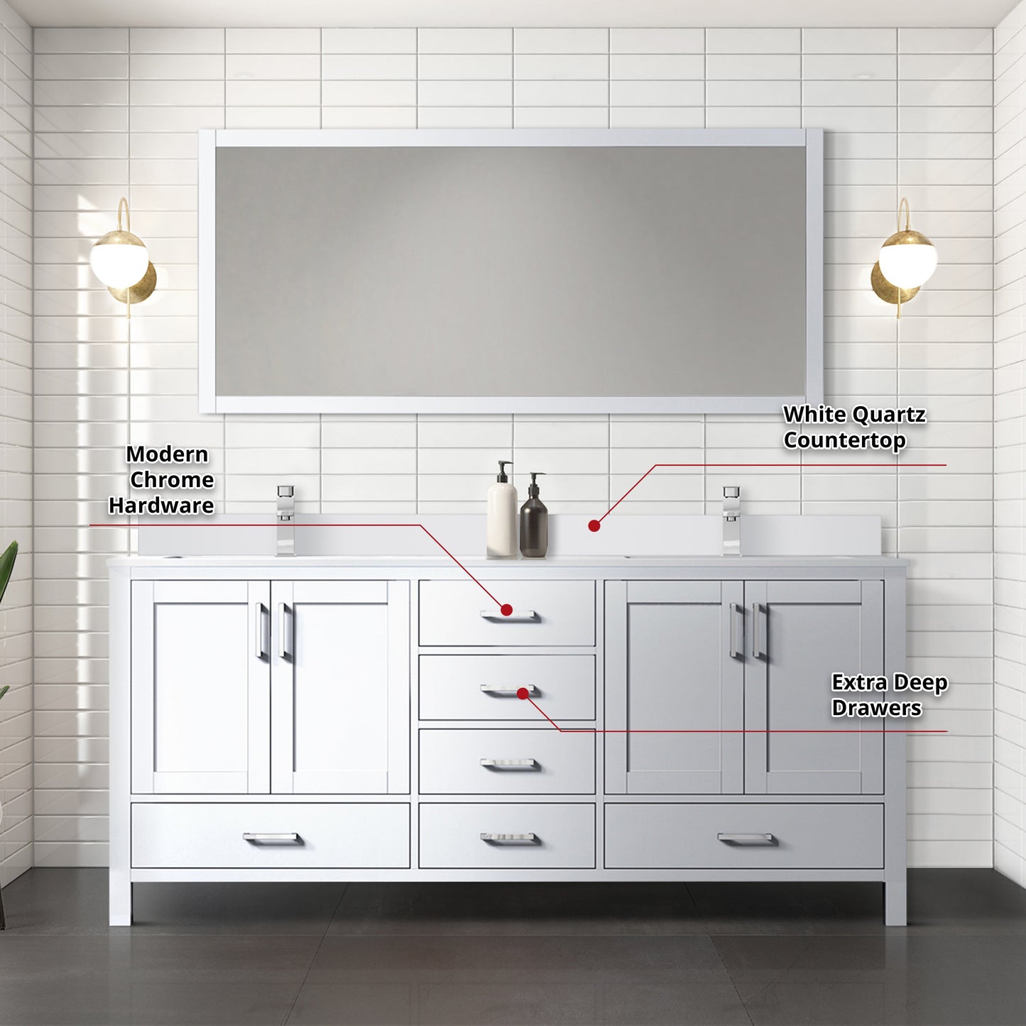 Jacques 72" White Double Vanity, White Quartz Top, White Square Sinks and 70" Mirror