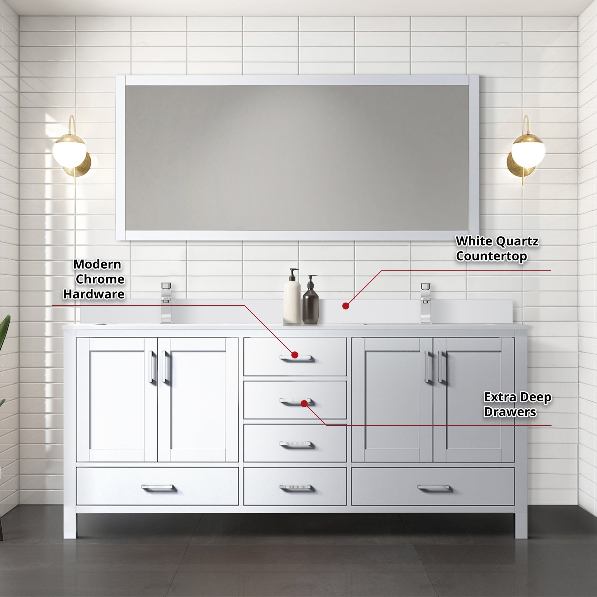 Jacques 72" White Double Vanity, White Quartz Top, White Square Sinks and 70" Mirror
