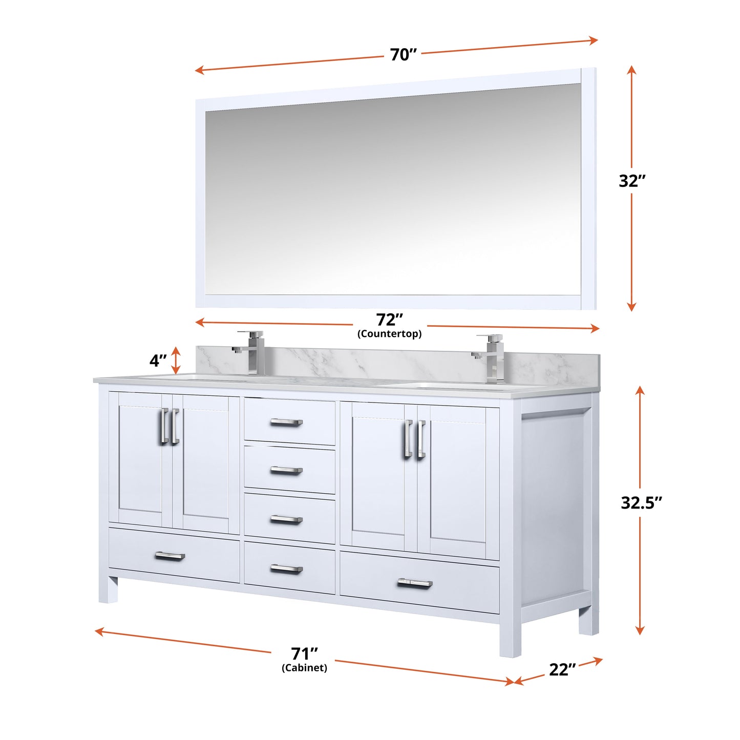 Jacques 72" White Double Vanity, White Quartz Top, White Square Sinks and 70" Mirror