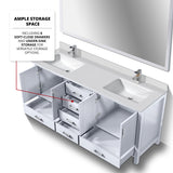 Jacques 72" White Double Vanity, White Quartz Top, White Square Sinks and 70" Mirror w/ Faucets