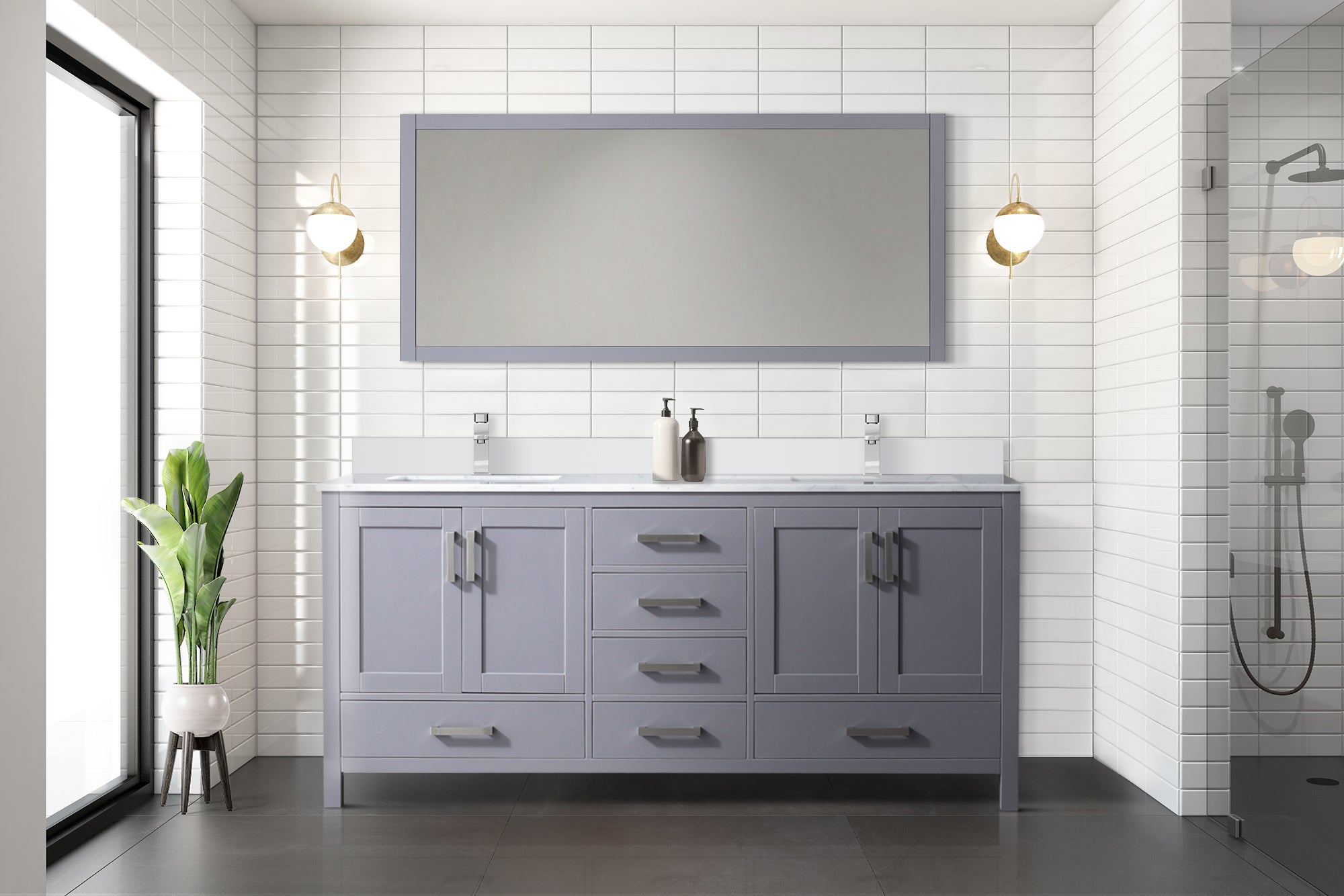 Jacques 72" Dark Grey Double Vanity, White Quartz Top, White Square Sinks and 70" Mirror w/ Faucets