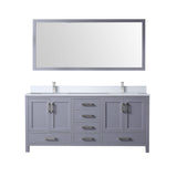 Jacques 72" Dark Grey Double Vanity, White Quartz Top, White Square Sinks and 70" Mirror w/ Faucets