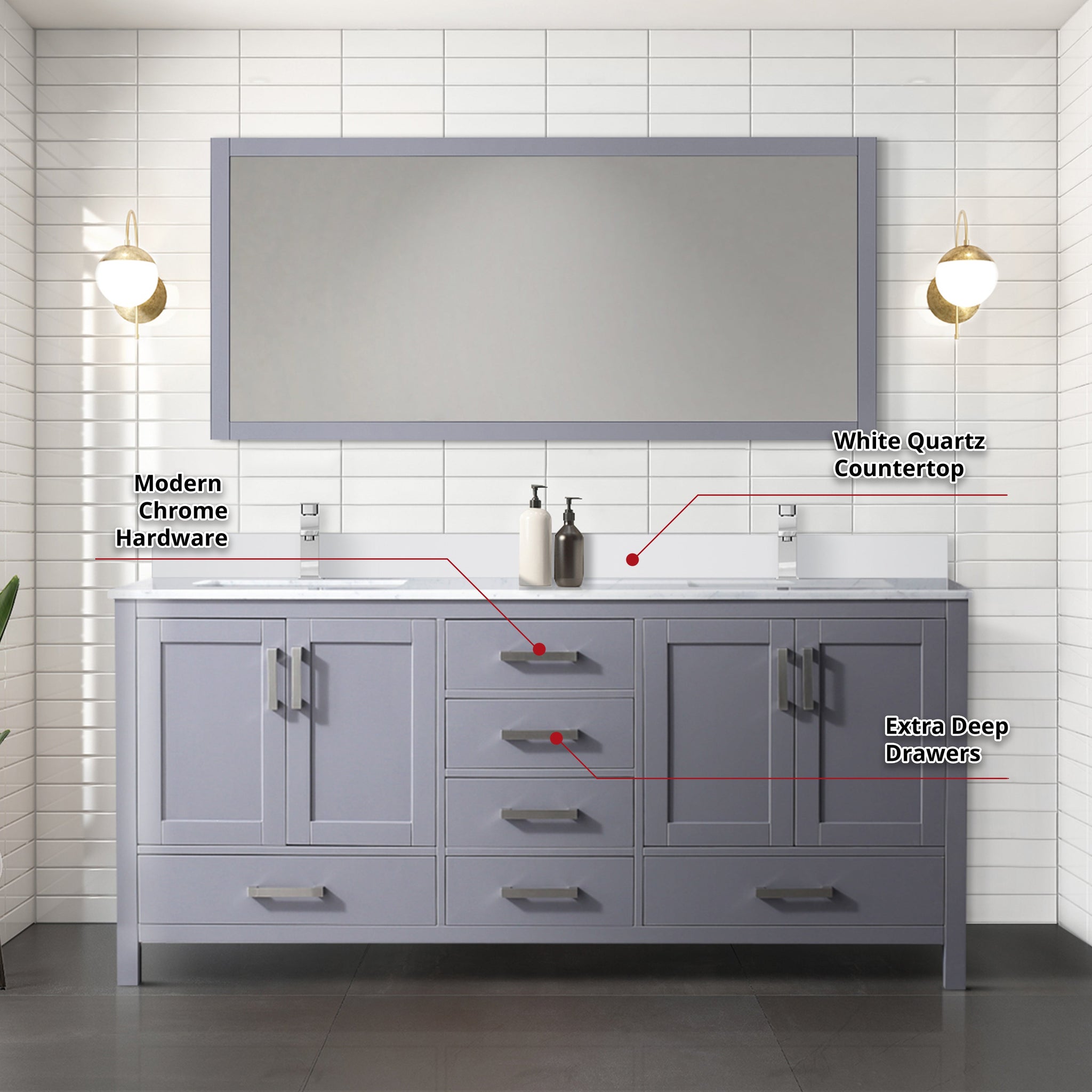 Jacques 72" Dark Grey Double Vanity, White Quartz Top, White Square Sinks and 70" Mirror w/ Faucets