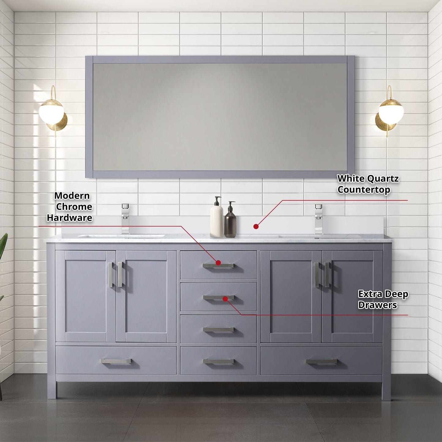 Jacques 72" Dark Grey Double Vanity, White Quartz Top, White Square Sinks and 70" Mirror