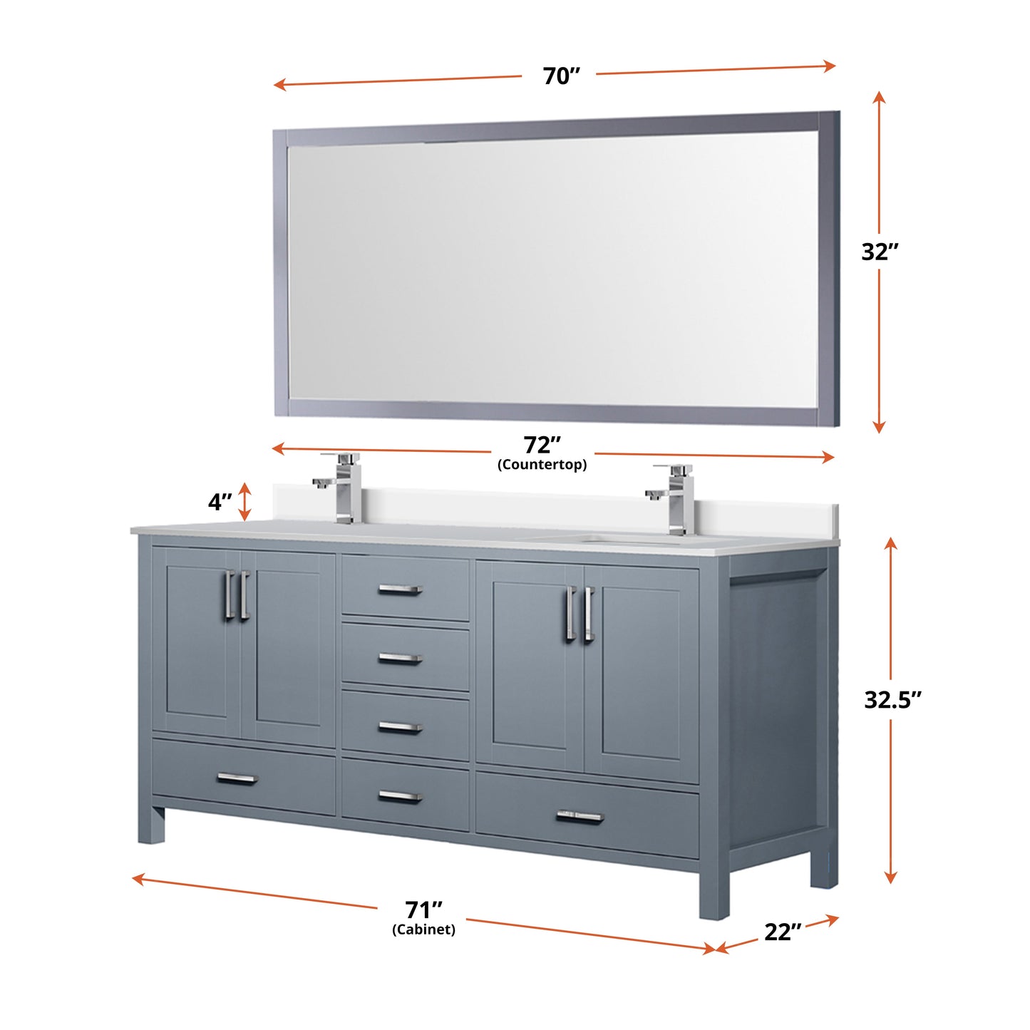 Jacques 72" Dark Grey Double Vanity, White Quartz Top, White Square Sinks and 70" Mirror w/ Faucets