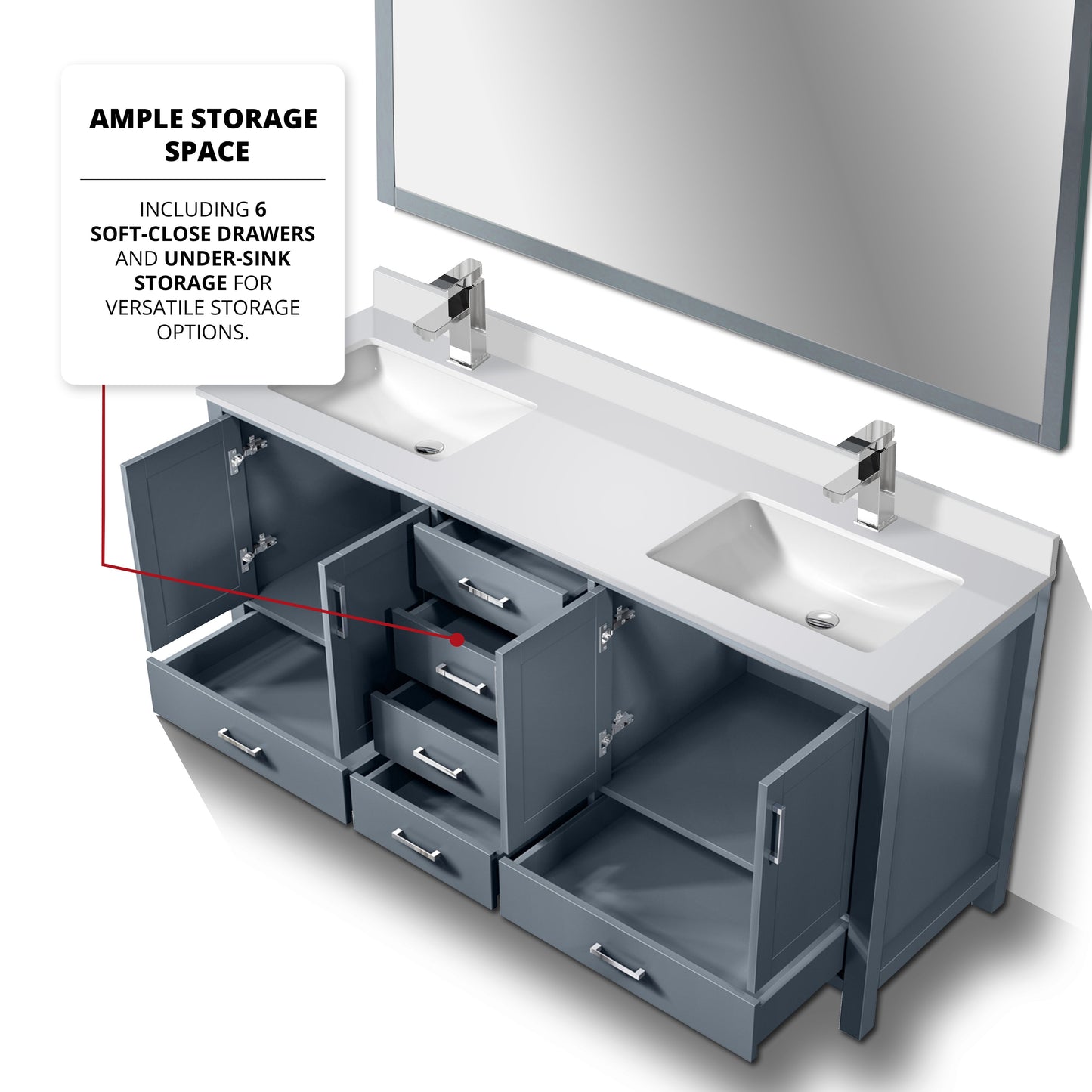 Jacques 72" Dark Grey Double Vanity, White Quartz Top, White Square Sinks and 70" Mirror w/ Faucets
