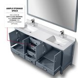 Jacques 72" Dark Grey Double Vanity, White Quartz Top, White Square Sinks and 70" Mirror w/ Faucets