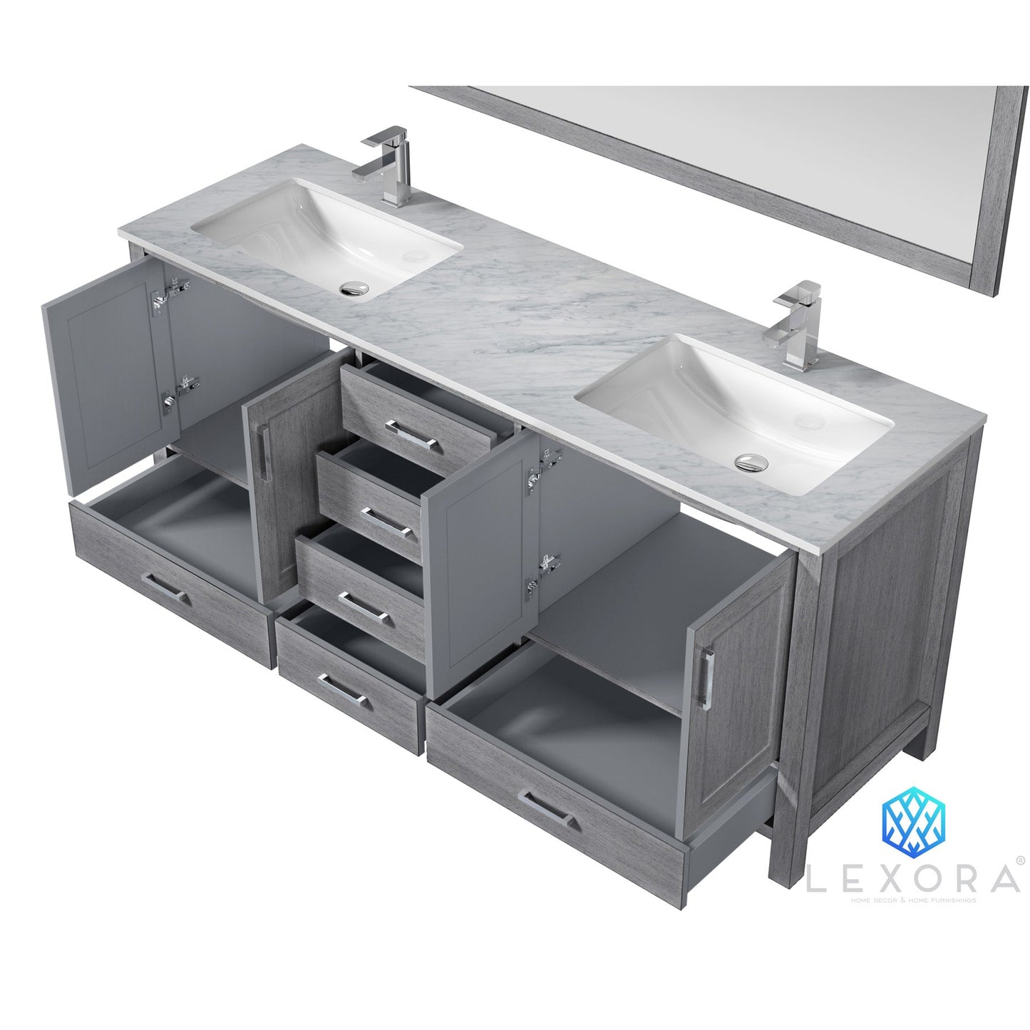 Jacques 72" Distressed Grey Double Vanity, White Carrara Marble Top, White Square Sinks and 70" Mirror