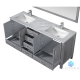 Jacques 72" Distressed Grey Double Vanity, White Carrara Marble Top, White Square Sinks and 70" Mirror