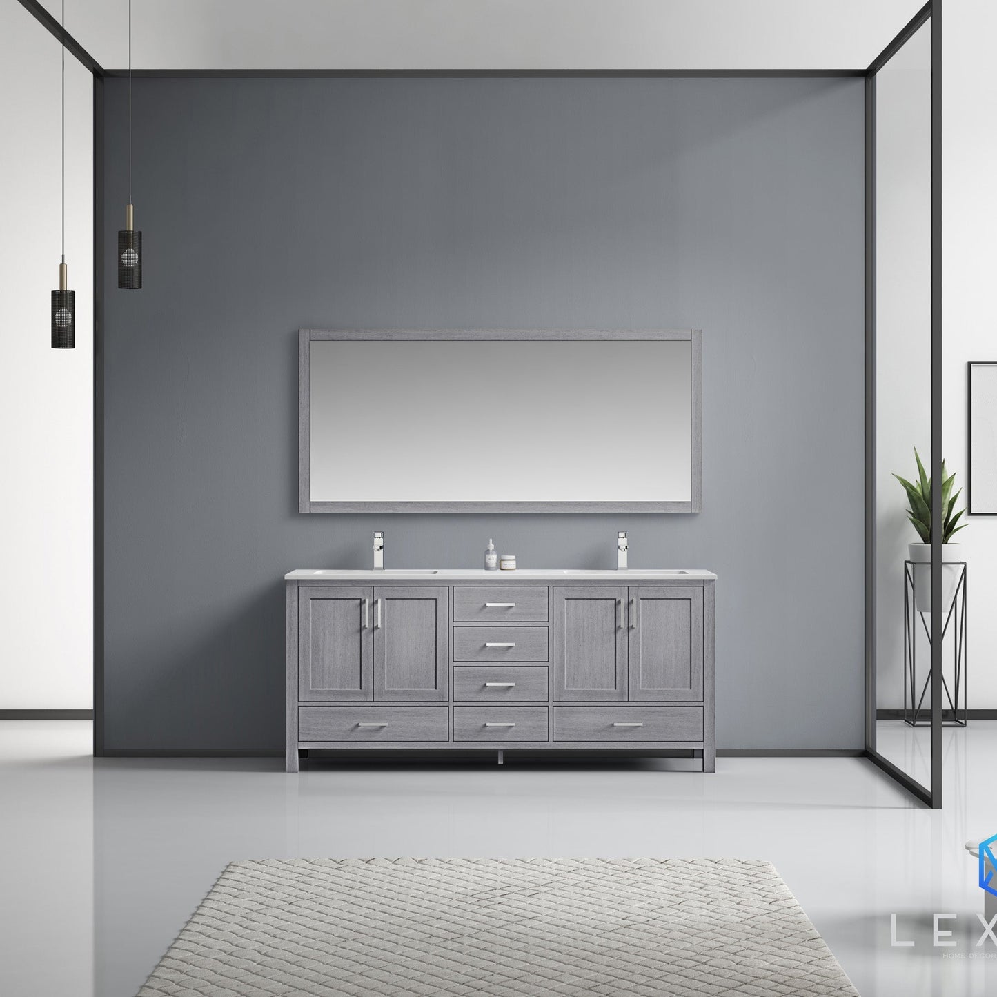 Jacques 72" Distressed Grey Double Vanity, White Carrara Marble Top, White Square Sinks and 70" Mirror