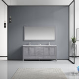 Jacques 72" Distressed Grey Double Vanity, White Carrara Marble Top, White Square Sinks and 70" Mirror