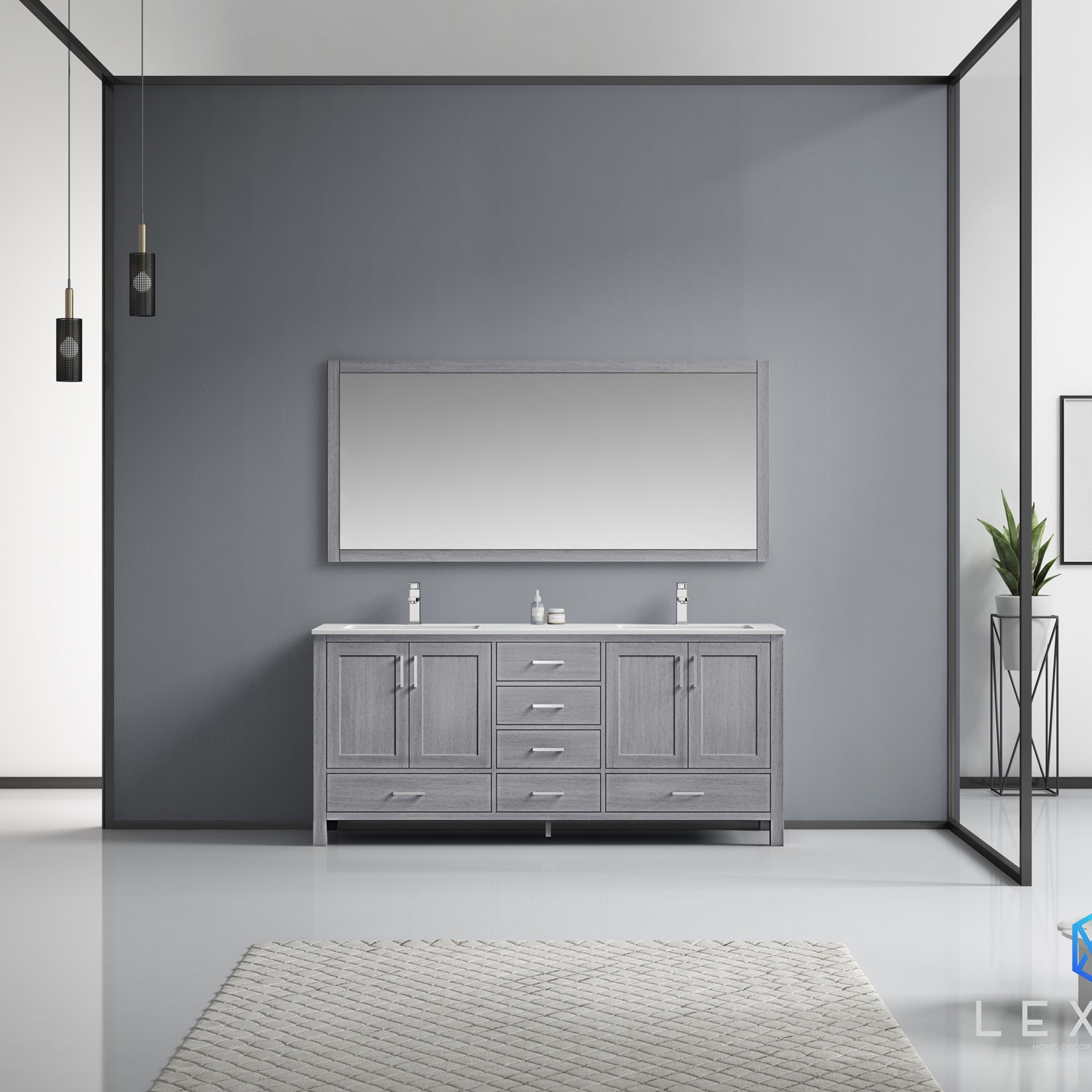 Jacques 72" Distressed Grey Double Vanity, White Carrara Marble Top, White Square Sinks and 70" Mirror