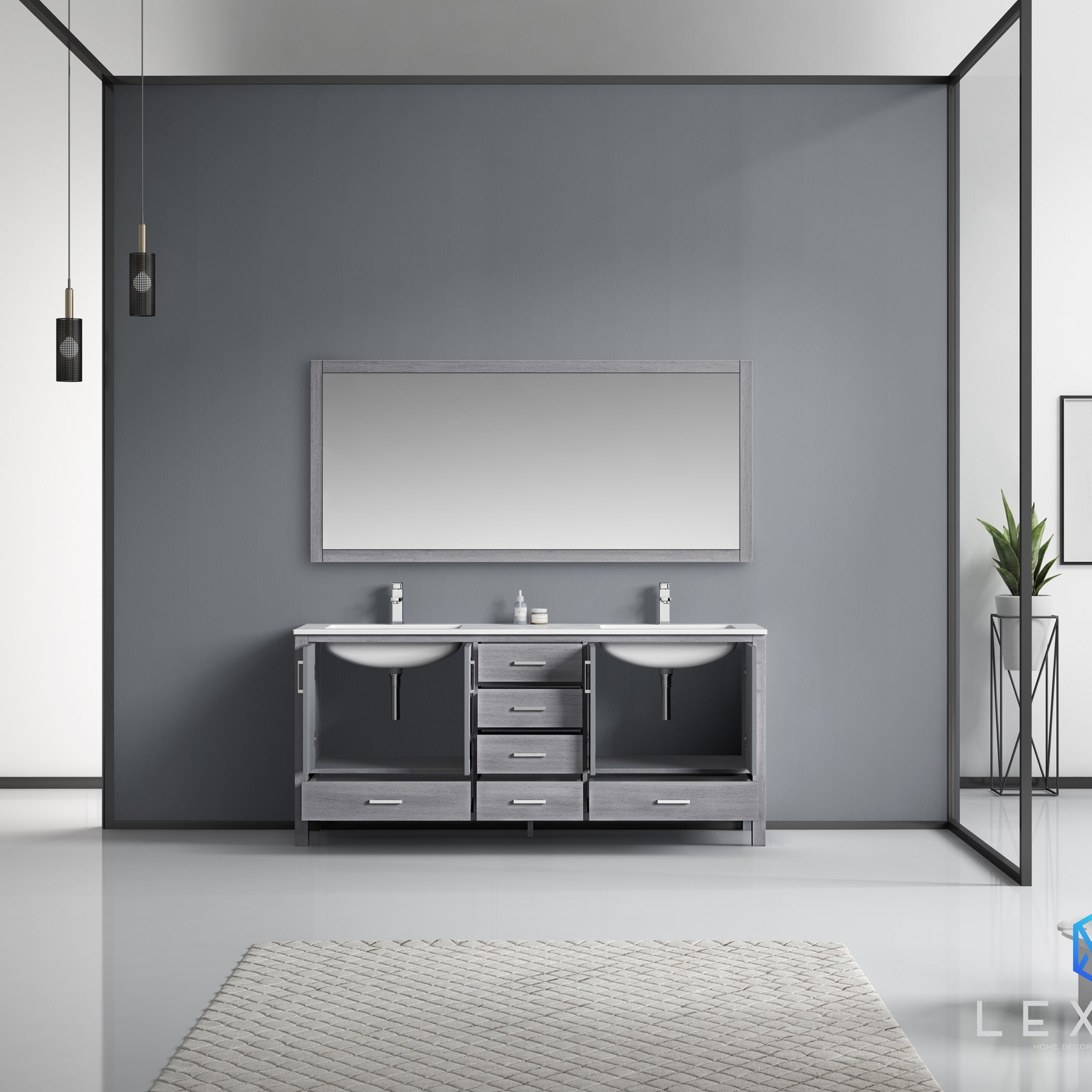 Jacques 72" Distressed Grey Double Vanity, White Carrara Marble Top, White Square Sinks and 70" Mirror