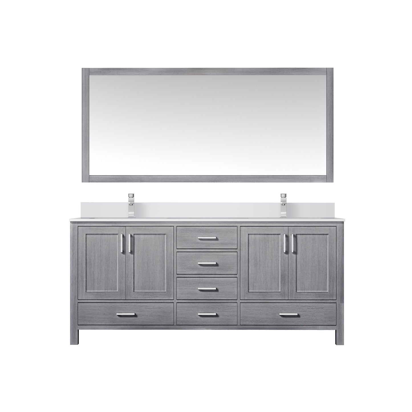 Jacques 72" Distressed Grey Double Vanity, White Quartz Top, White Square Sinks and 70" Mirror w/ Faucets