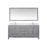 Jacques 72" Distressed Grey Double Vanity, White Quartz Top, White Square Sinks and 70" Mirror w/ Faucets