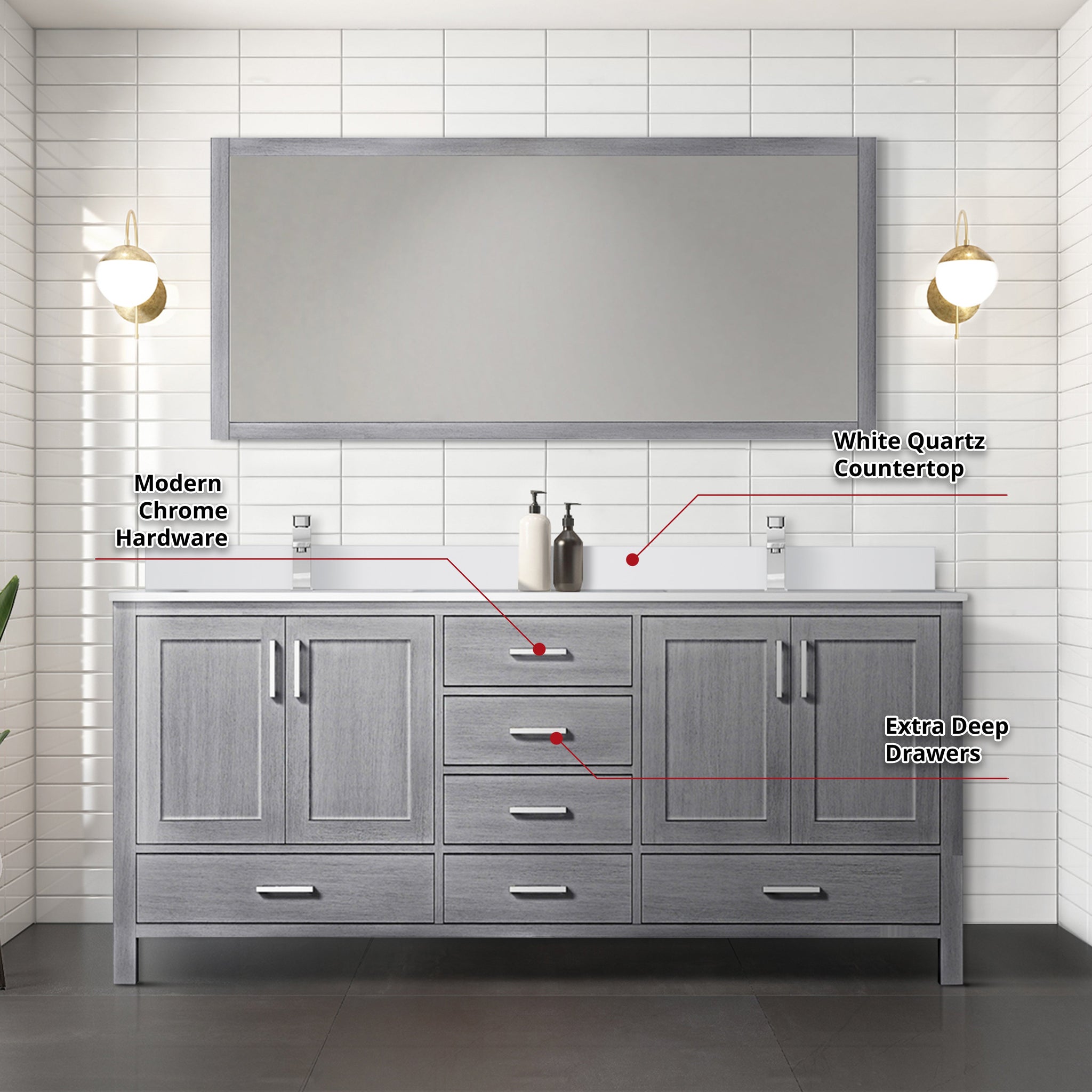 Jacques 72" Distressed Grey Double Vanity, White Quartz Top, White Square Sinks and 70" Mirror