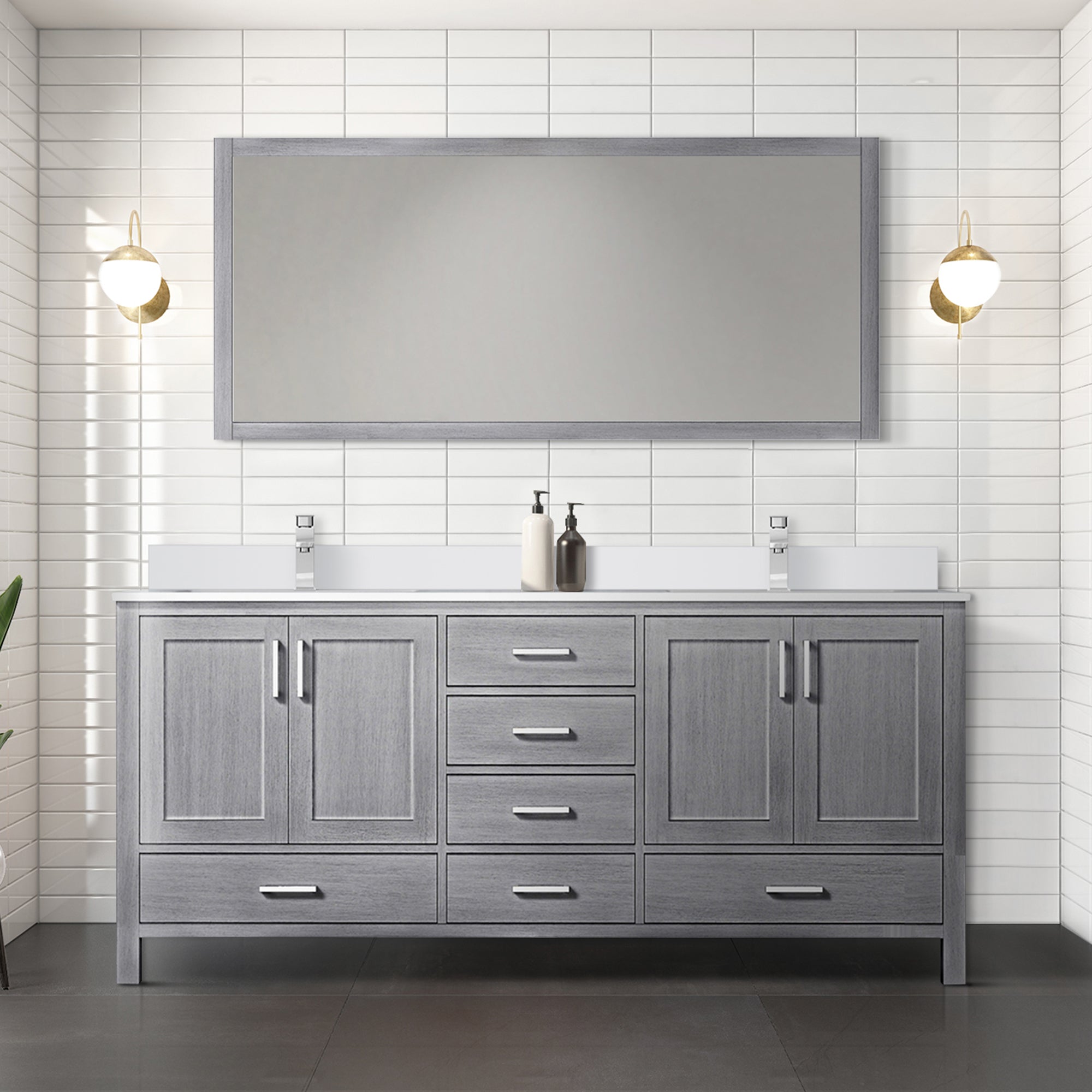 Jacques 72" Distressed Grey Double Vanity, White Quartz Top, White Square Sinks and 70" Mirror w/ Faucets