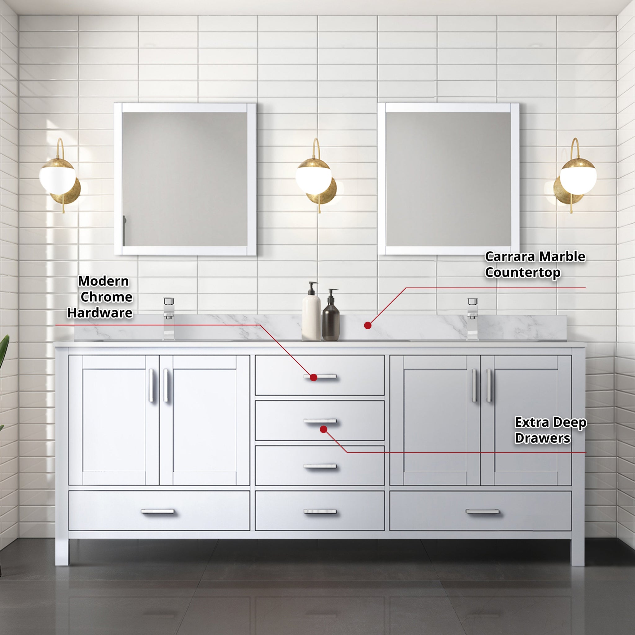 Jacques 80 in. Freestanding Bathroom Vanity with White Carrara Marble Top, White Square Sink