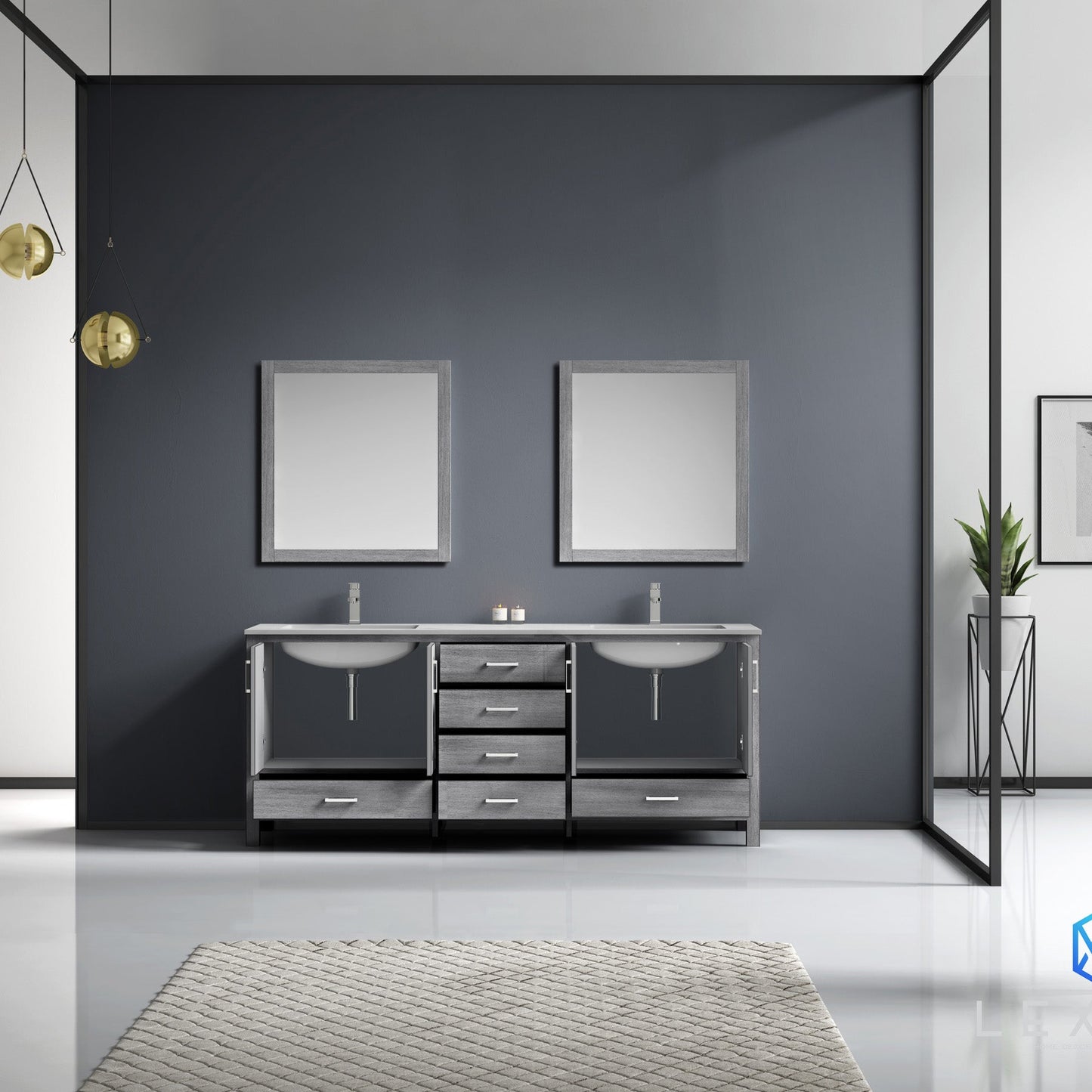 Jacques 80" Distressed Grey Double Vanity, White Carrara Marble Top, White Square Sinks and 30" Mirrors with Faucets
