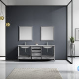 Jacques 80" Distressed Grey Double Vanity, White Carrara Marble Top, White Square Sinks and 30" Mirrors with Faucets