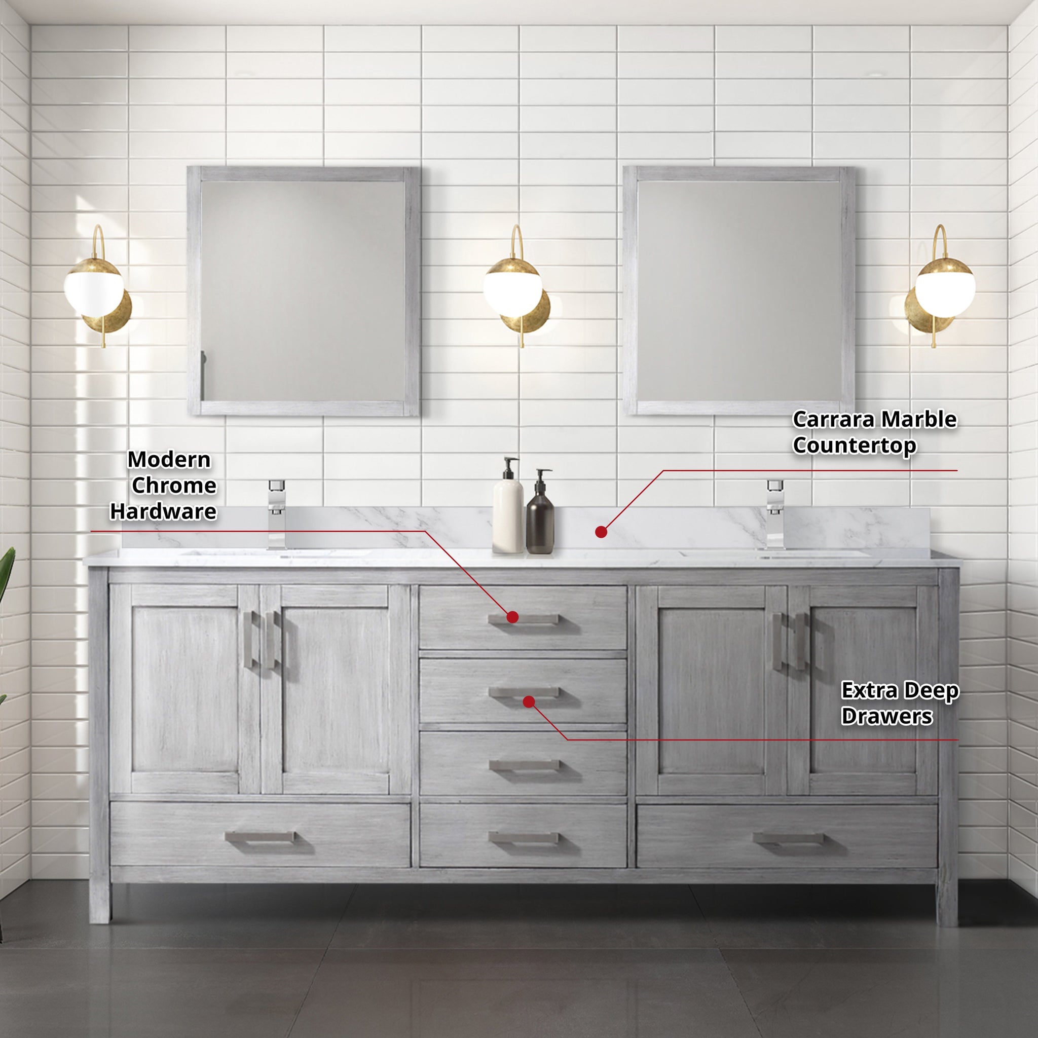 Jacques 80 in. Freestanding Bathroom Vanity with White Carrara Marble Top, White Square Sink