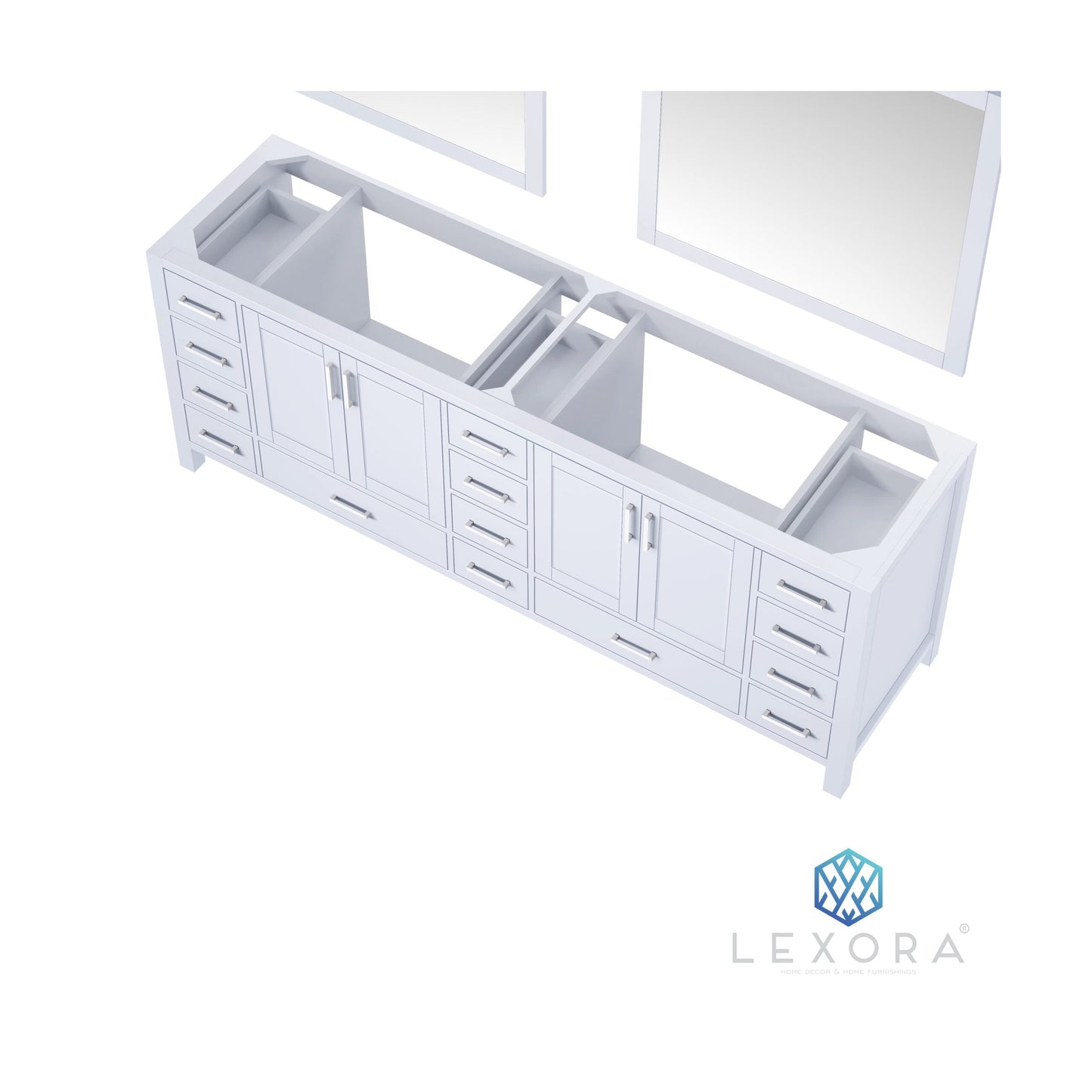 Jacques 84" White Double Vanity, White Carrara Marble Top, White Square Sinks and 34" Mirrors w/ Faucets